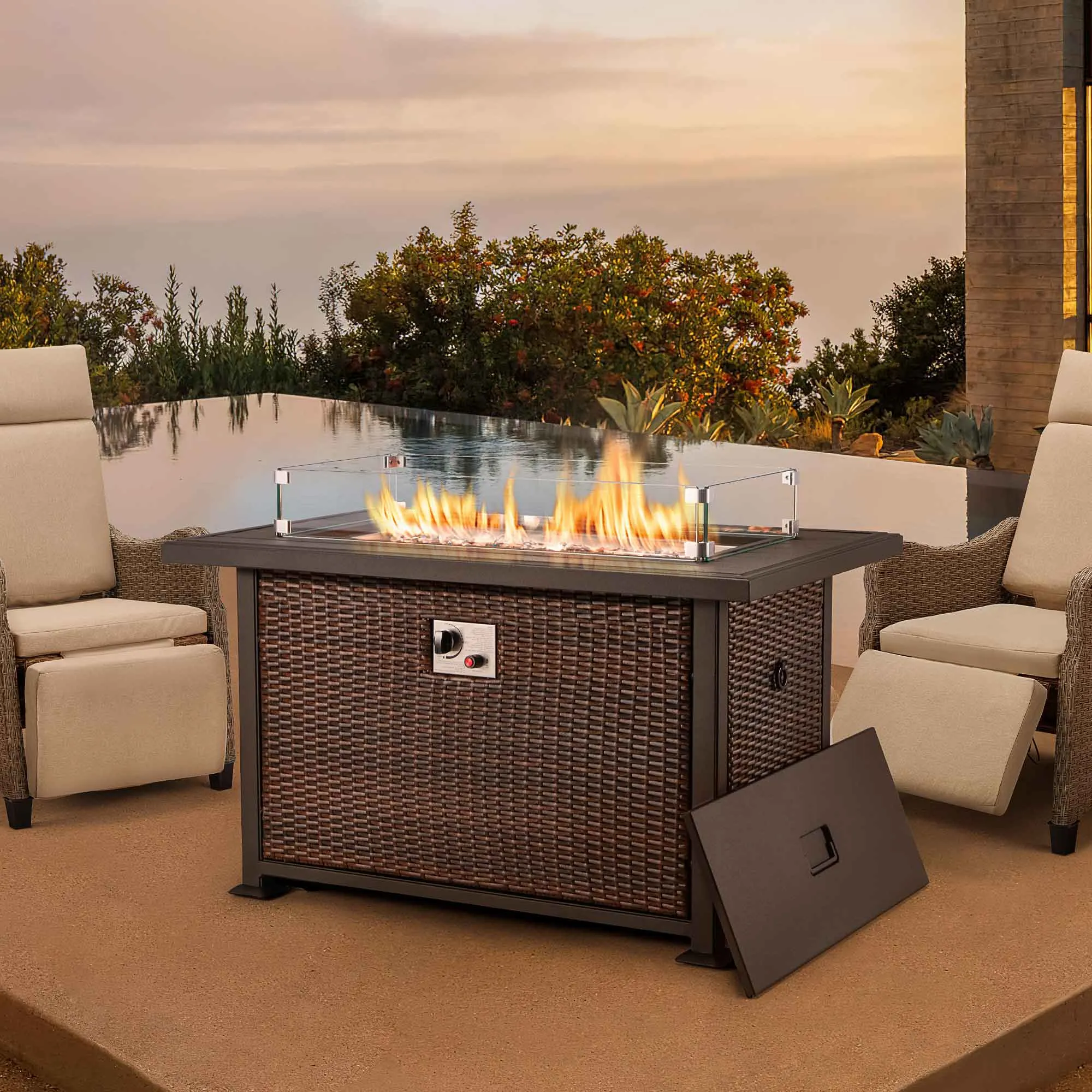 44 In Propane Fire Pit Table with Glass Wind Guard and Aluminum Table Top, Dark Brown