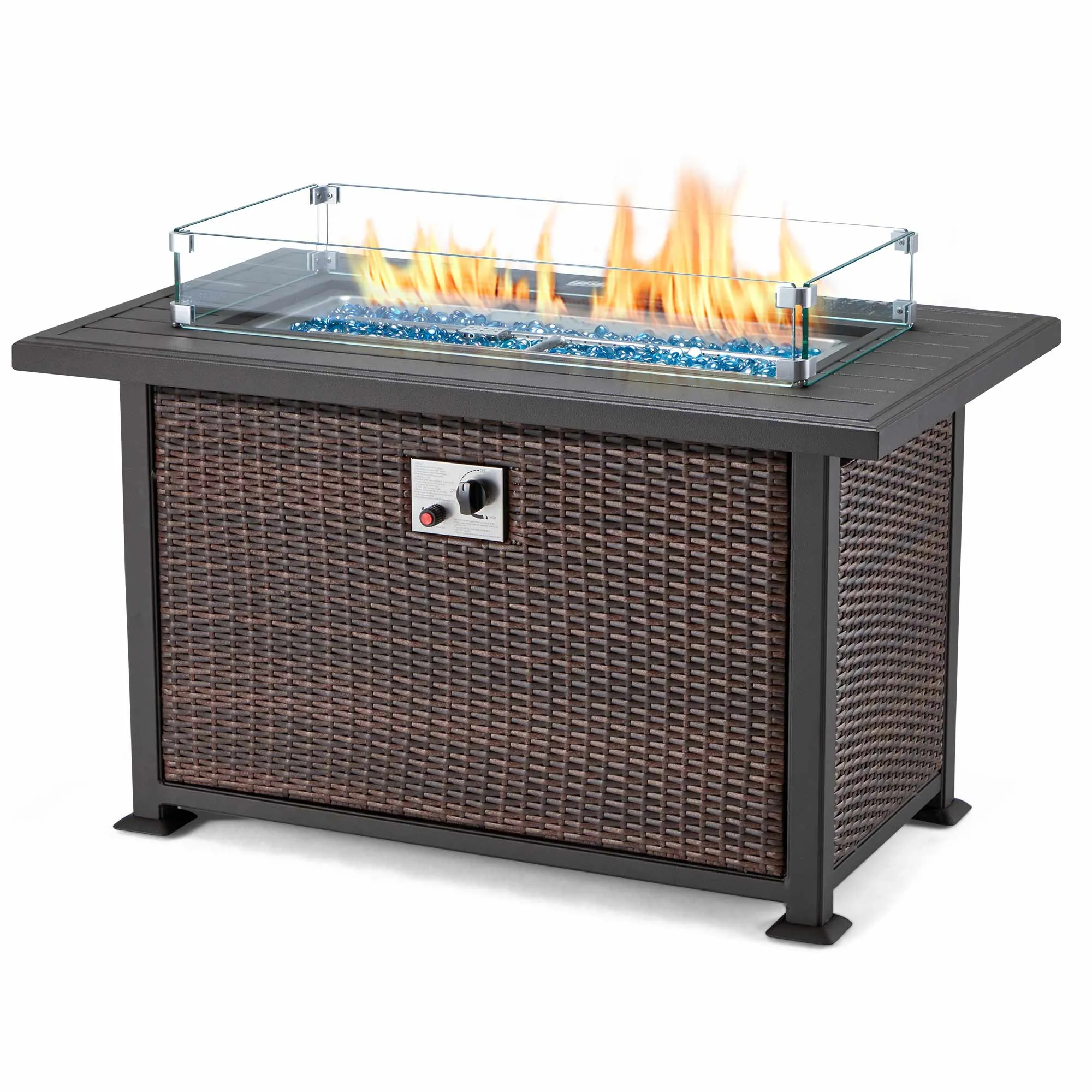 44 In Propane Fire Pit Table with Glass Wind Guard and Aluminum Table Top, Dark Brown