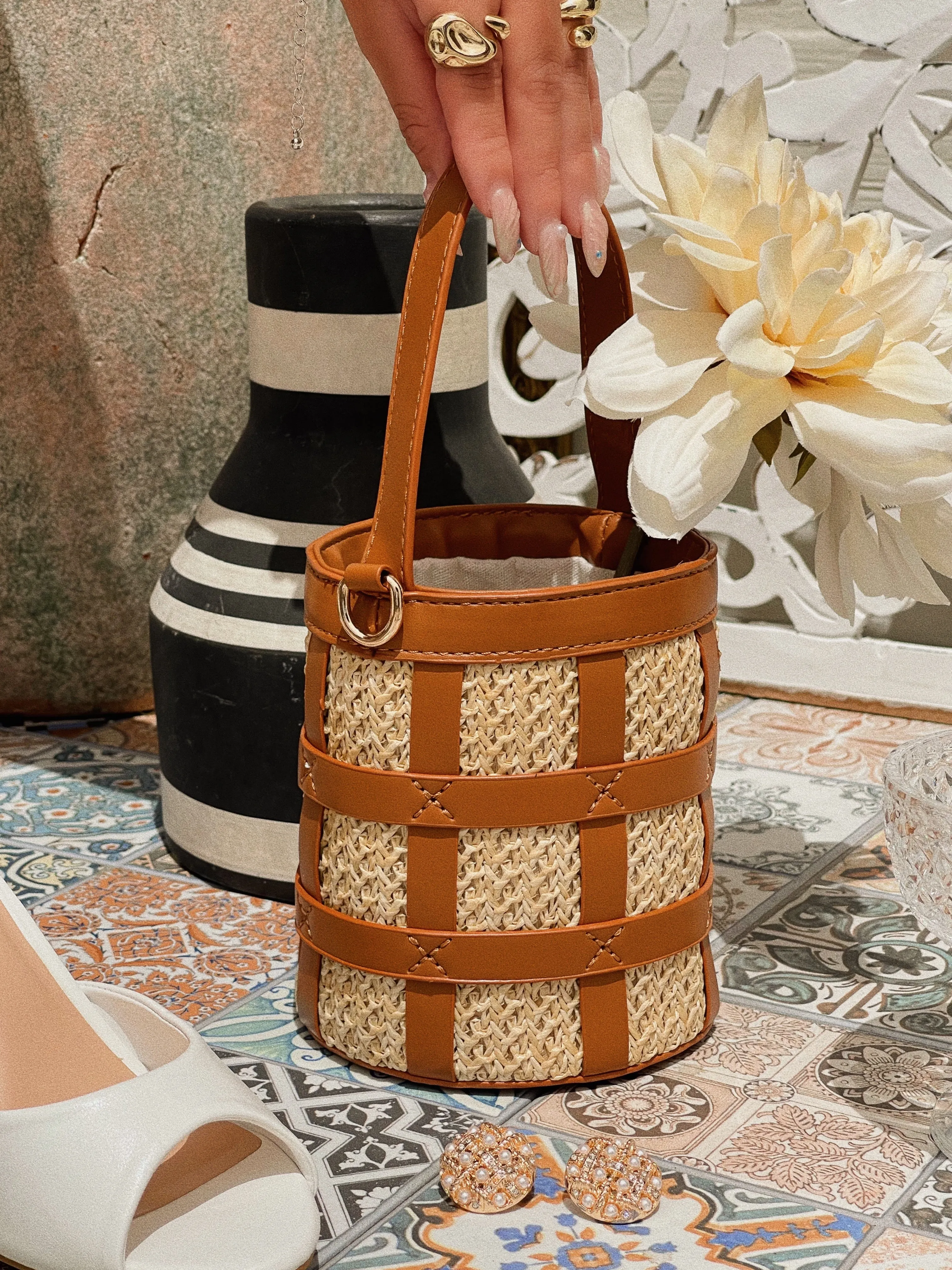 Alesia Woven Top Handle Bag - Tan