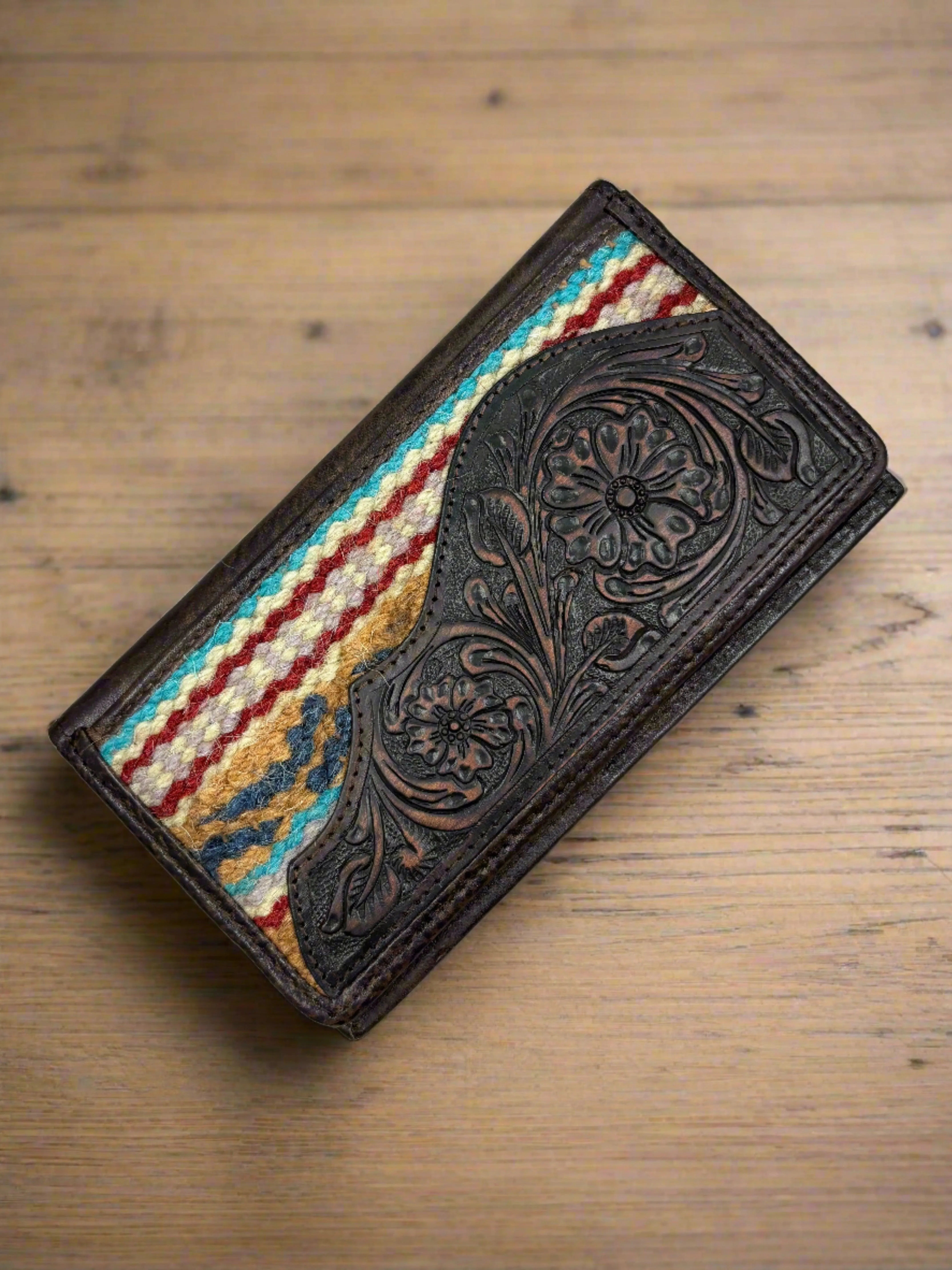 Ariat Brown Saddle Blanket Tooled Embossed Rodeo Wallet Checkbook Cover A3552002