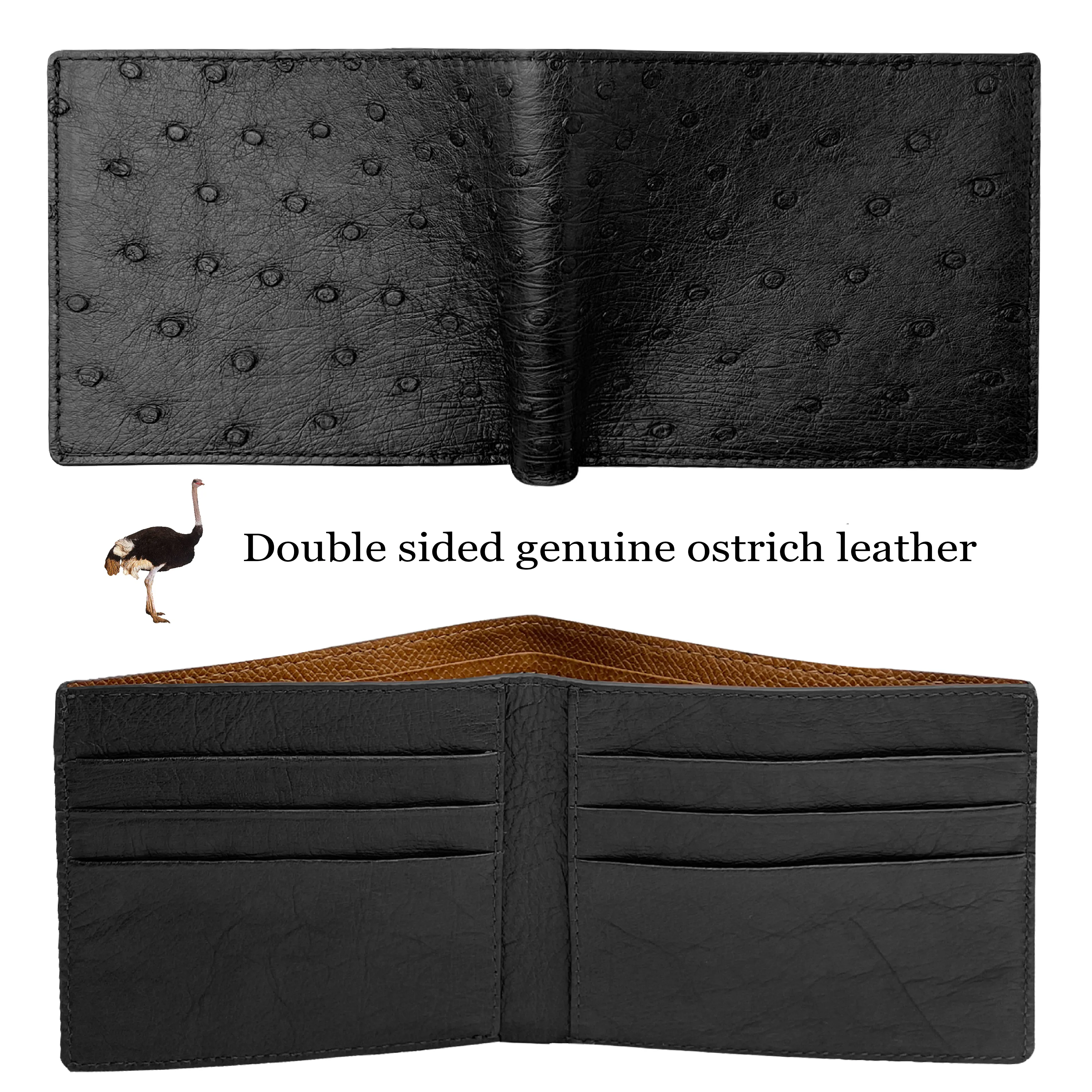 Black Handmade Double Side Ostrich Leather Bifold Wallet for Men | VINAMOS-01