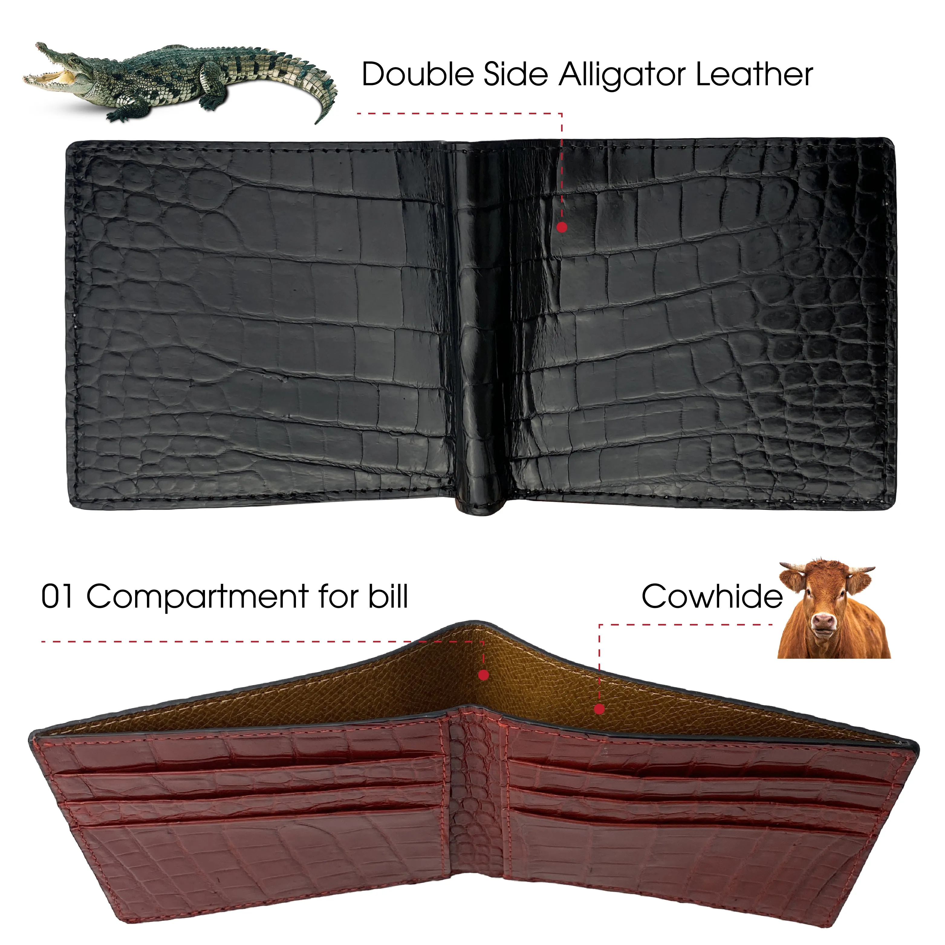 Black Red Double Side Alligator Leather Slim Bifold Wallet For Men | Handmade Crocodile Belly Leather Wallet RFID Blocking | VILE-112