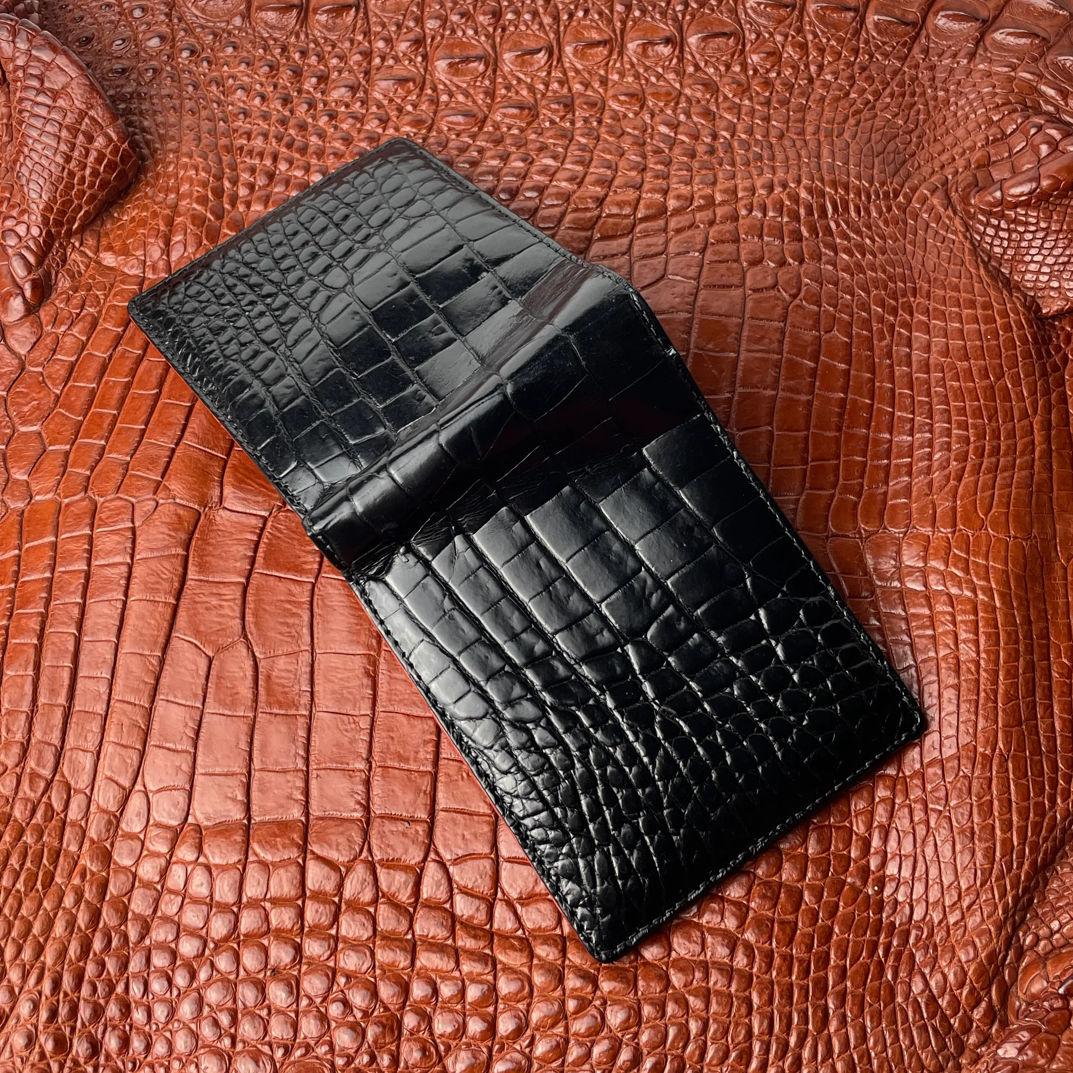 Black Red Double Side Alligator Leather Slim Bifold Wallet For Men | Handmade Crocodile Belly Leather Wallet RFID Blocking | VILE-112