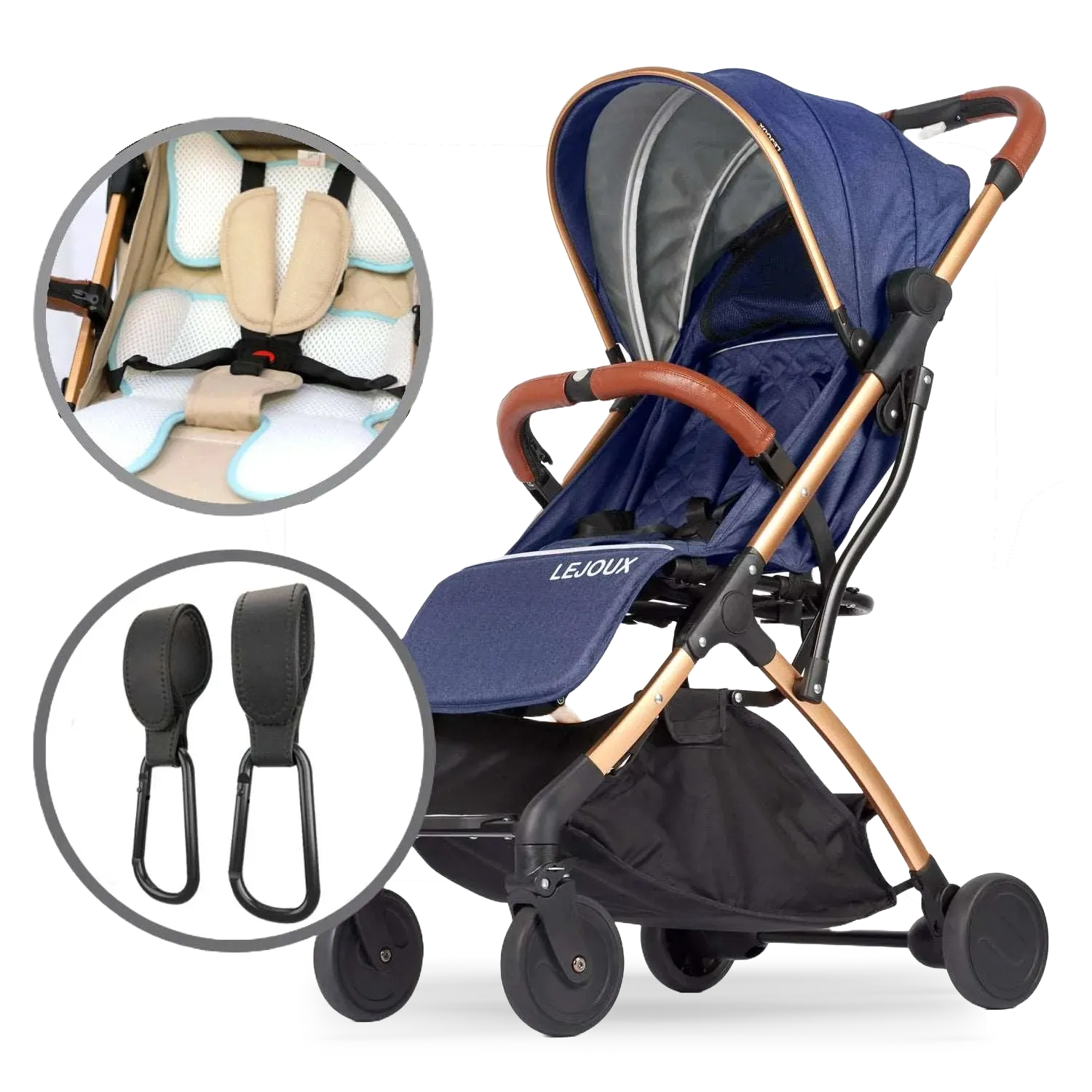 Blue Foldable & Lightweight Pram Bundle With Breathable Cushion & Bag Clips