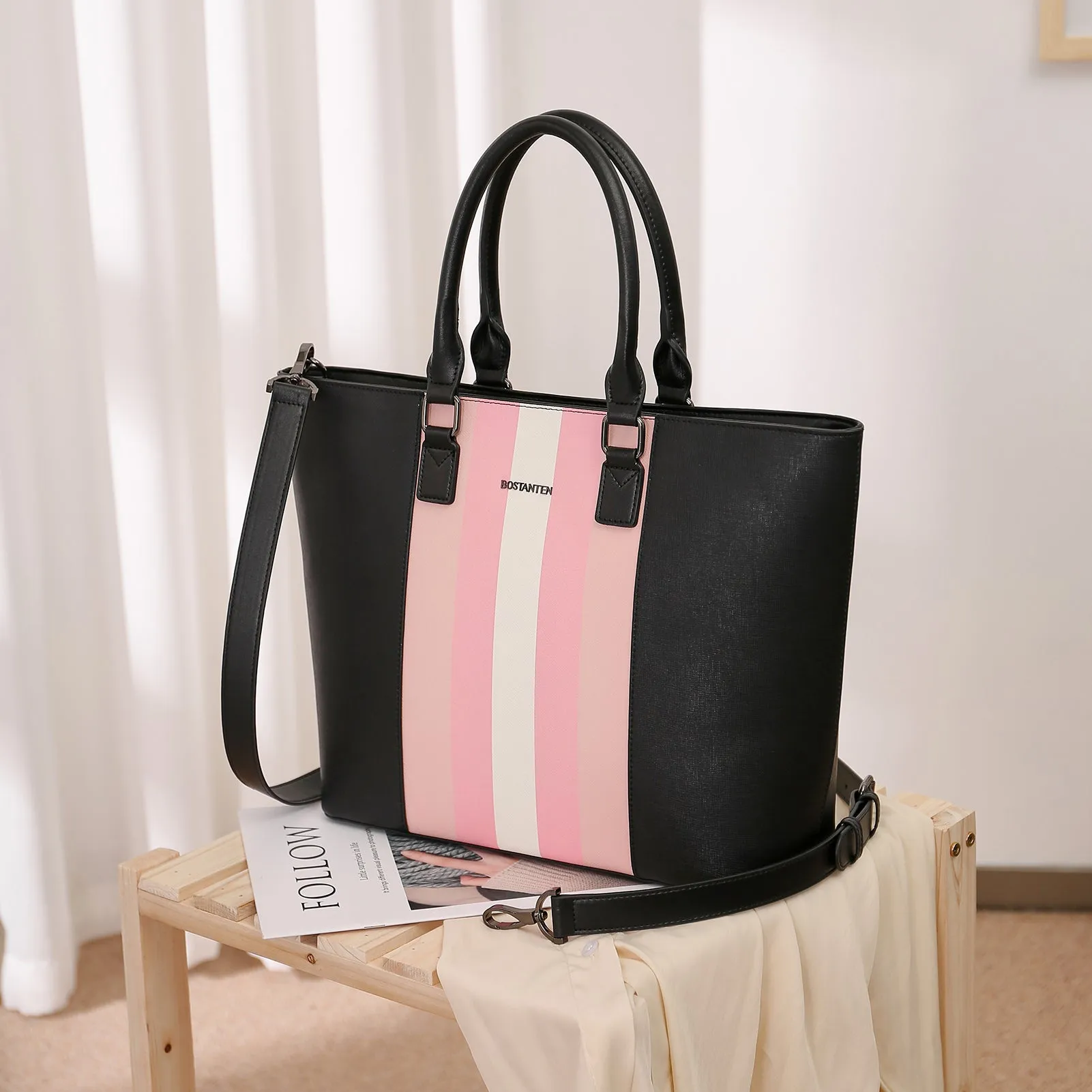 BOSTANTEN Women Tote Bag Genuine Leather Handbags Purses Shoulder Satchel Purse Work Bag Stripe Pattern