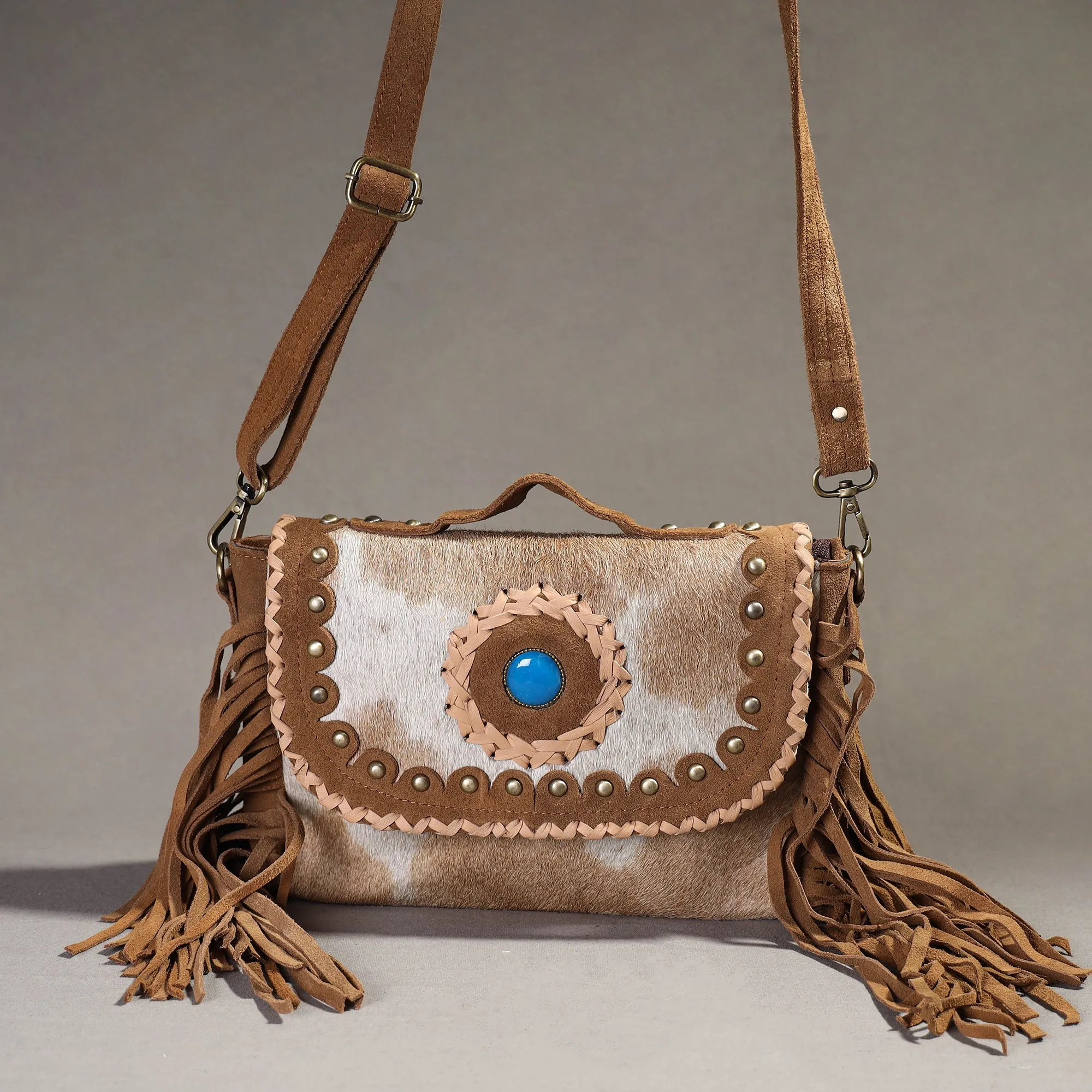 Brown - Handcrafted Fur Leather Fringe Sling Bag with Blue Stone