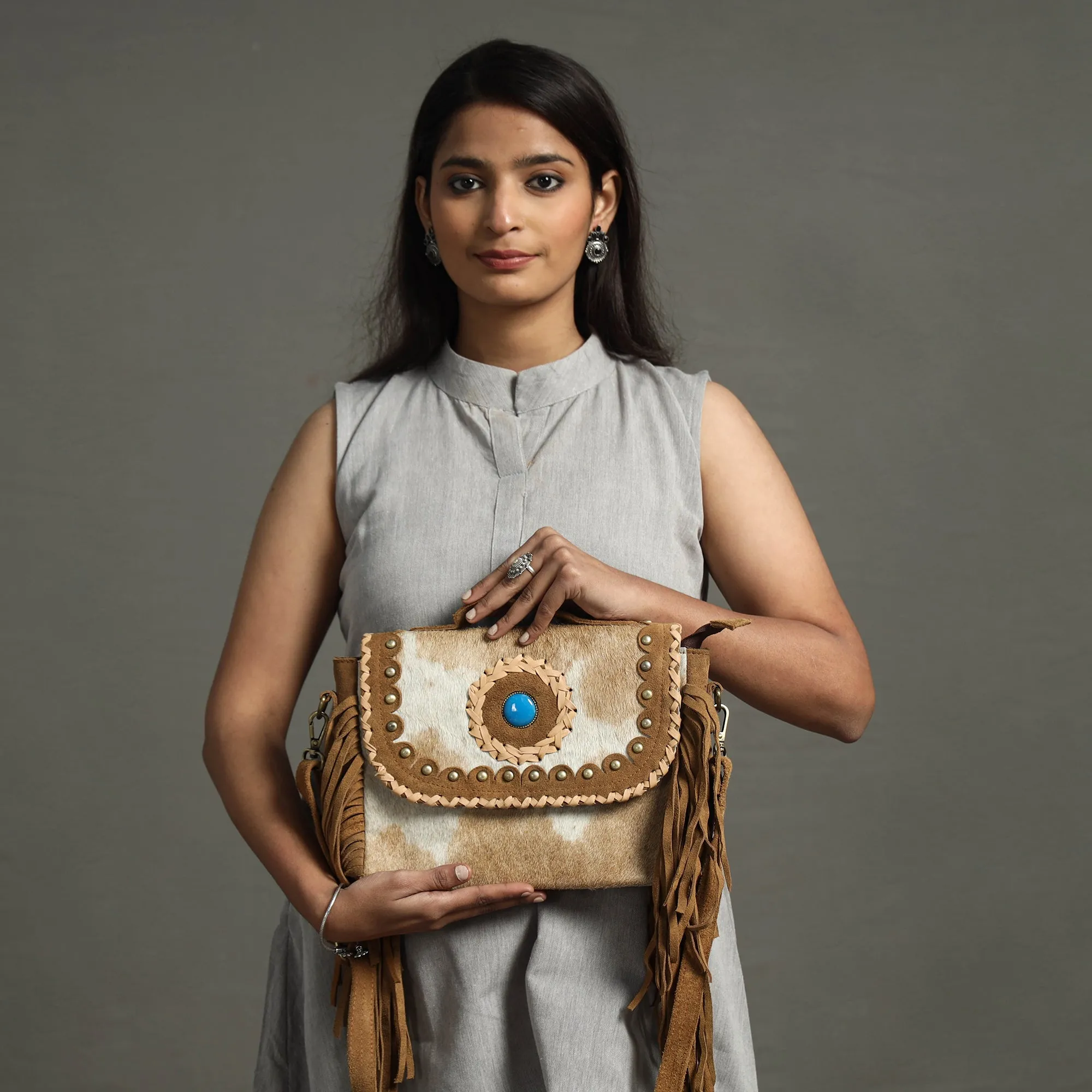 Brown - Handcrafted Fur Leather Fringe Sling Bag with Blue Stone