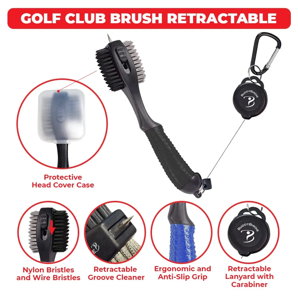 BUDDYBIRDIE Retractable Golf Club Brush | Oversized Double sided Brush Head & Ergonomic Anti-Slip Rubber Hand Grip & Retractable Groove Cleaner & Retractable Lanyard with Carabiner (Black)