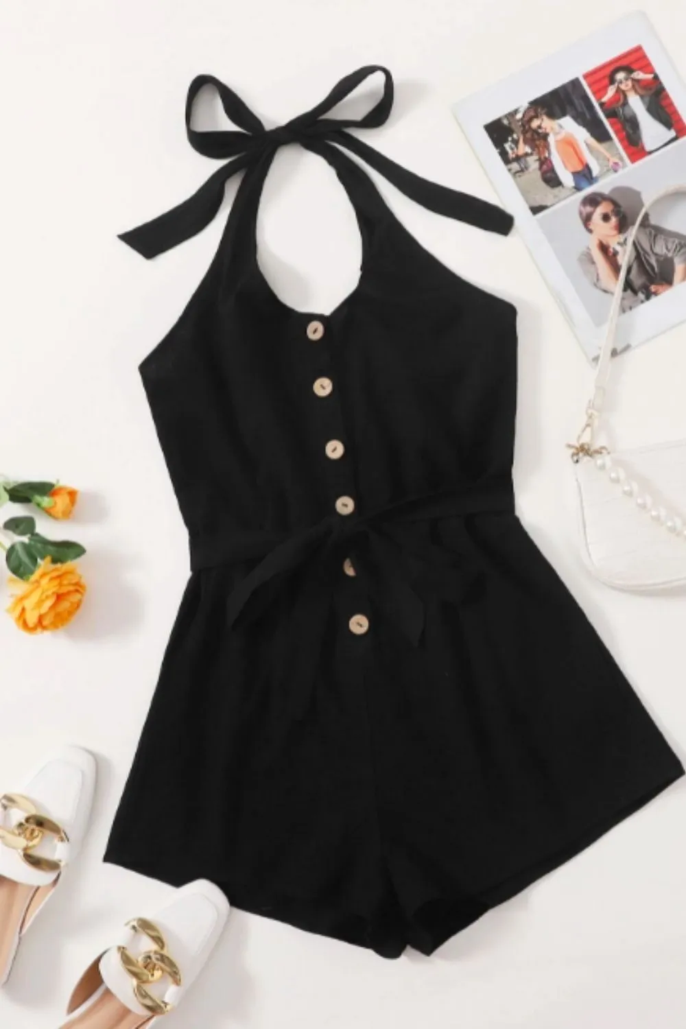 Button Down Tie-waist Romper