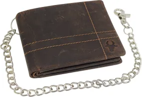 CAZORO RFID Blocking Men's Bi-Fold Style Cowhide Leather Steel Chain Wallet, Genuine Vintage Leather