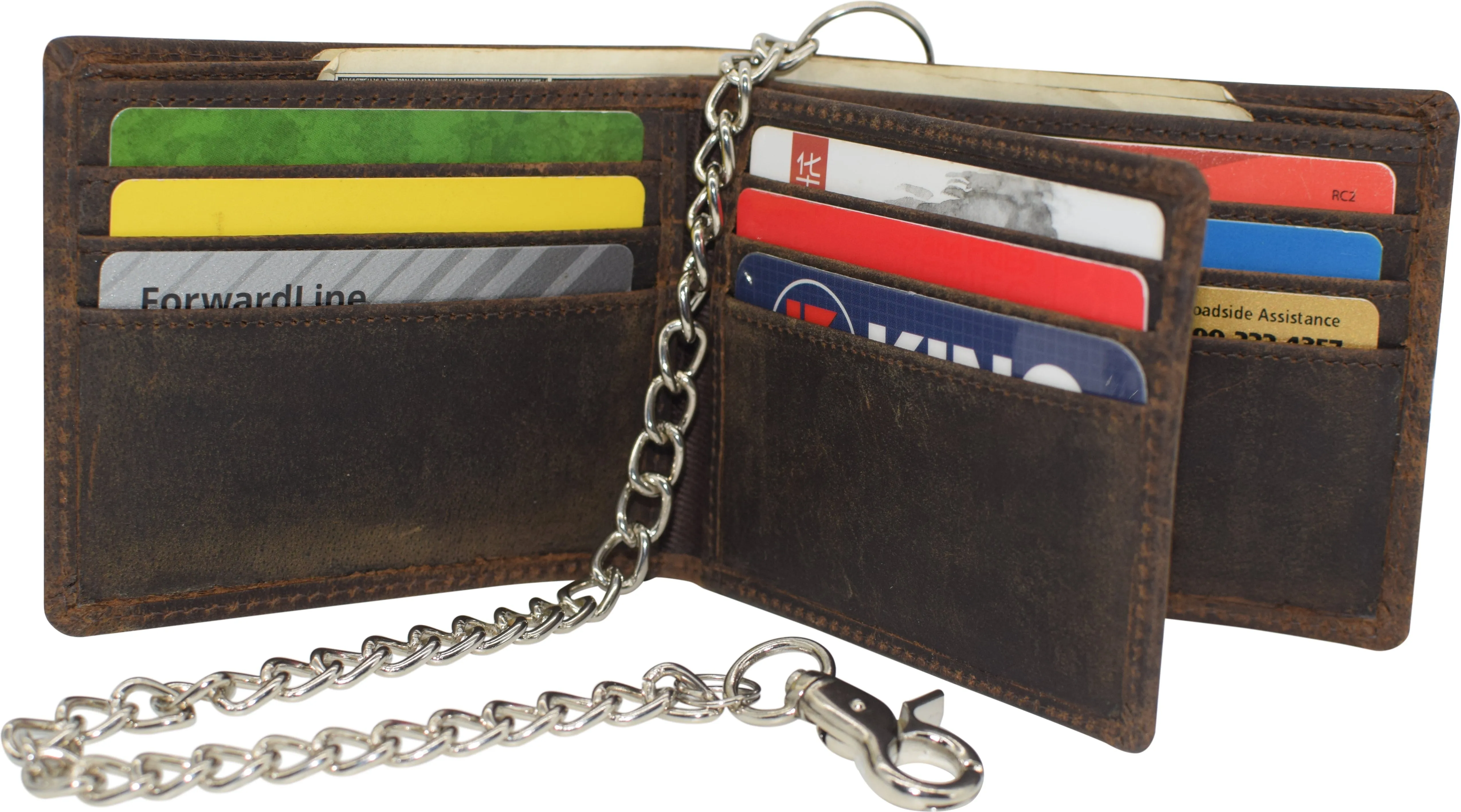 CAZORO RFID Blocking Men's Bi-Fold Style Cowhide Leather Steel Chain Wallet, Genuine Vintage Leather