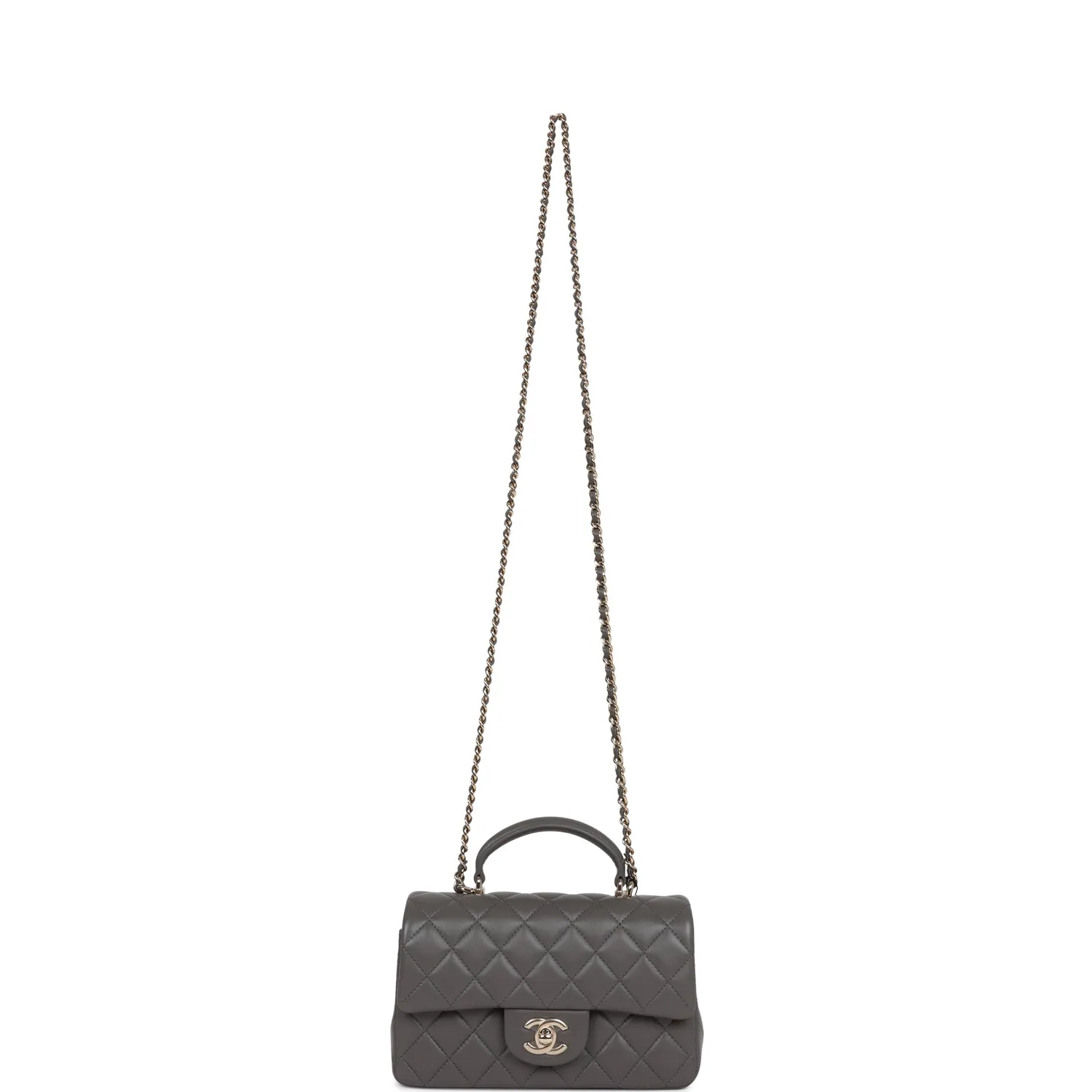 Chanel Mini Rectangular Flap Bag with Top Handle Dark Grey Lambskin Light Gold Hardware