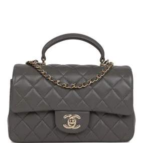 Chanel Mini Rectangular Flap Bag with Top Handle Dark Grey Lambskin Light Gold Hardware