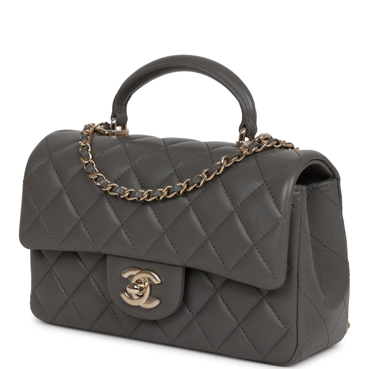 Chanel Mini Rectangular Flap Bag with Top Handle Dark Grey Lambskin Light Gold Hardware