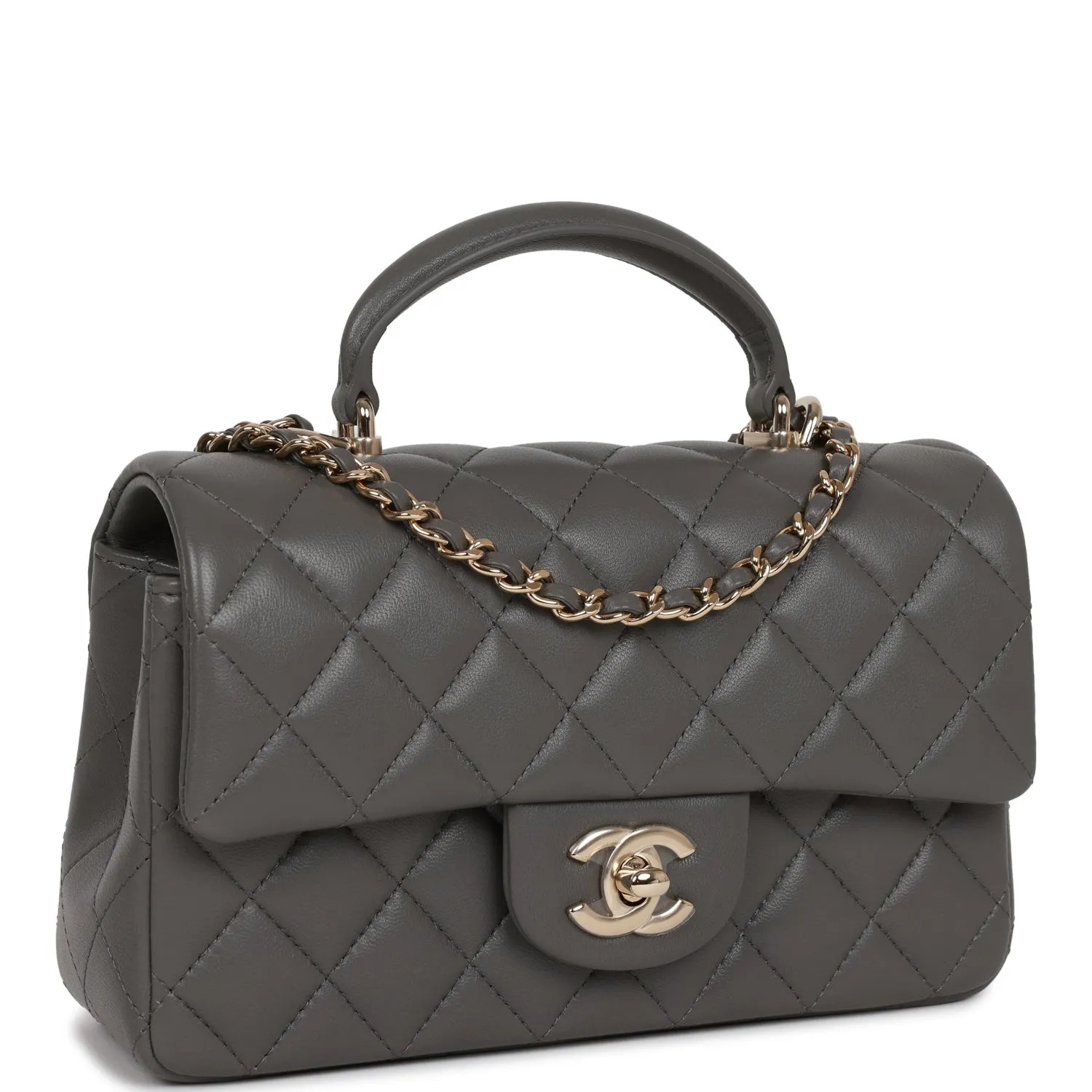 Chanel Mini Rectangular Flap Bag with Top Handle Dark Grey Lambskin Light Gold Hardware