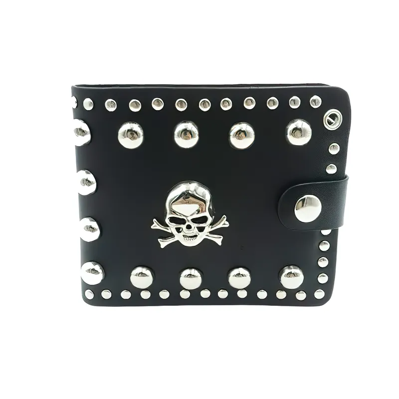 Cool Punk Style Single Skull With Rivets Card Holder / Bikers Unisex Wallet With Chain