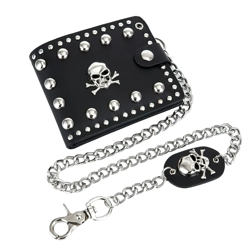 Cool Punk Style Single Skull With Rivets Card Holder / Bikers Unisex Wallet With Chain