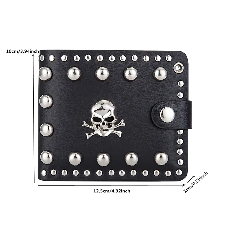 Cool Punk Style Single Skull With Rivets Card Holder / Bikers Unisex Wallet With Chain