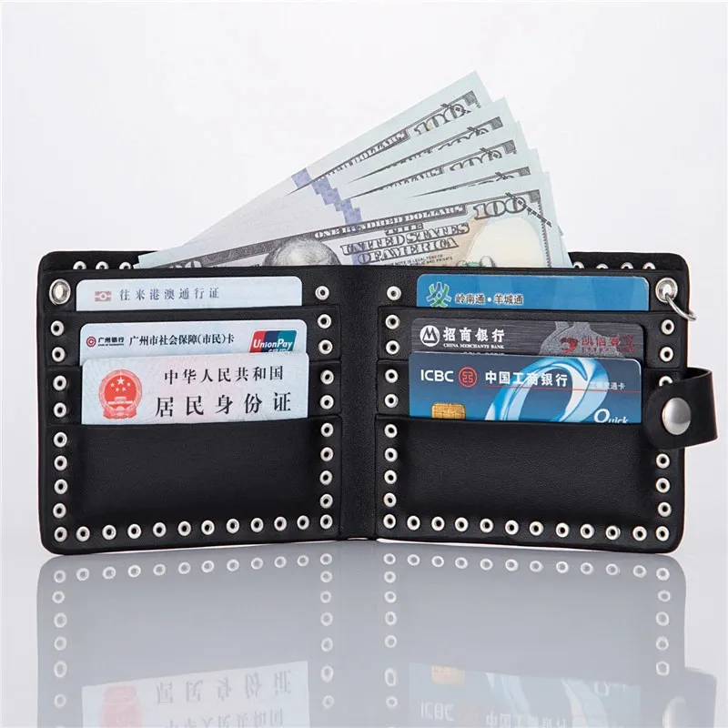 Cool Punk Style Single Skull With Rivets Card Holder / Bikers Unisex Wallet With Chain