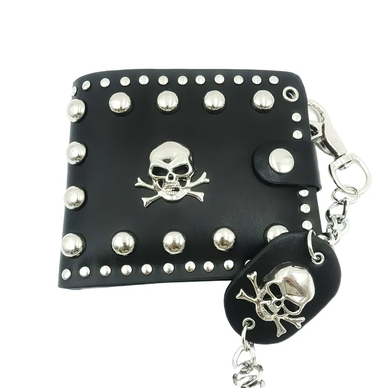 Cool Punk Style Single Skull With Rivets Card Holder / Bikers Unisex Wallet With Chain