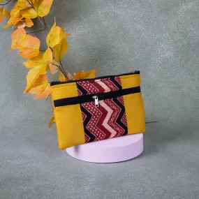 Cotton Multizip Purse Mustered with Maroon zig zag Design