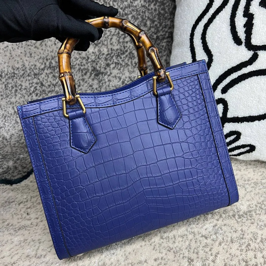 Crocodile Skin Leather Shoulder Crossbody Bag With Bamboo Handle Blue