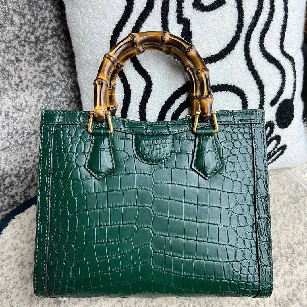 Crocodile Skin Leather Shoulder Crossbody Bag With Bamboo Handle Green