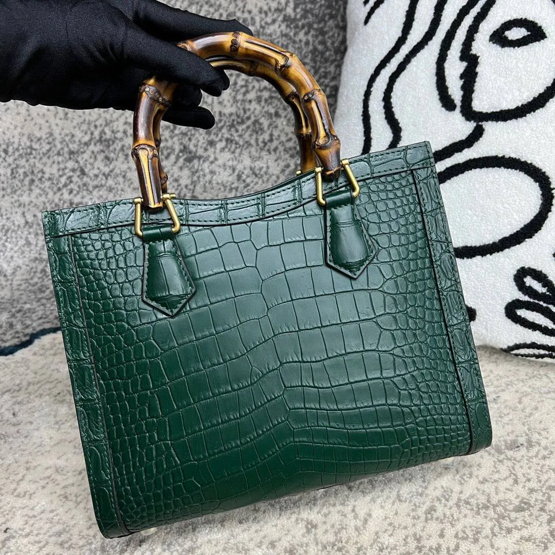 Crocodile Skin Leather Shoulder Crossbody Bag With Bamboo Handle Green