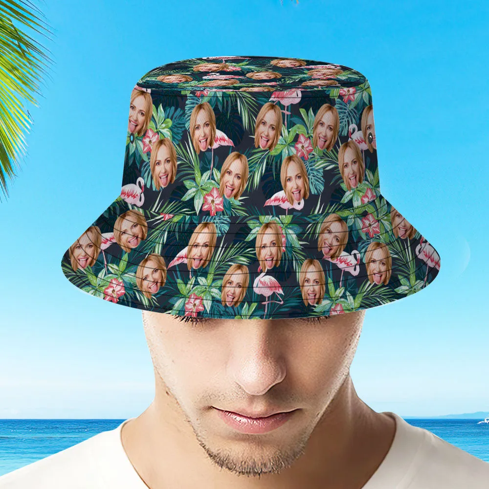 Custom Bucket Hat Personalisedd Face All Over Print Tropical Flower Print Hawaiian Fisherman Hat - Flamingo