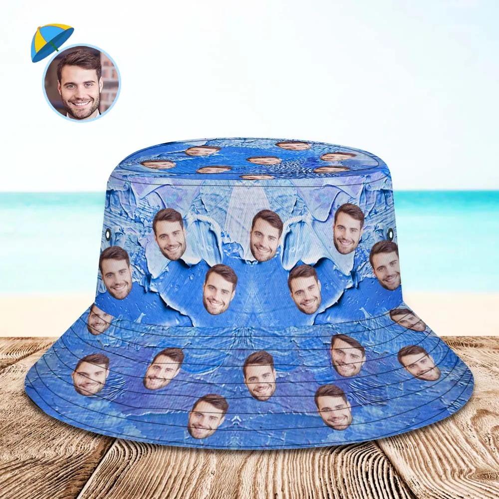 Custom Face Bucket Hat Unisex Personalised Wide Brim Outdoor Summer Hats Gadient Blue Oil Painting Style