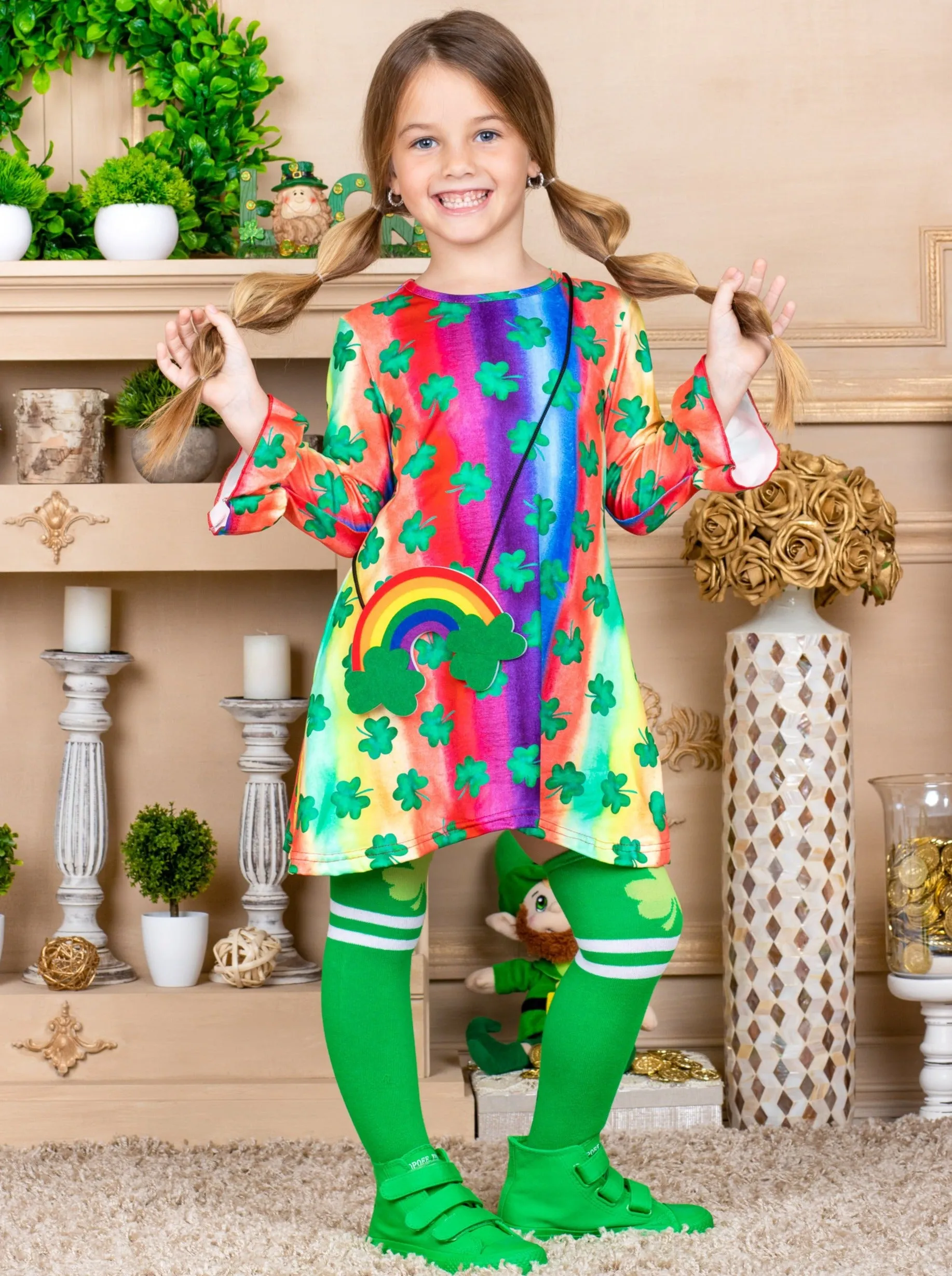 Cutest Clover Rainbow Print Dress, Purse and Socks Set