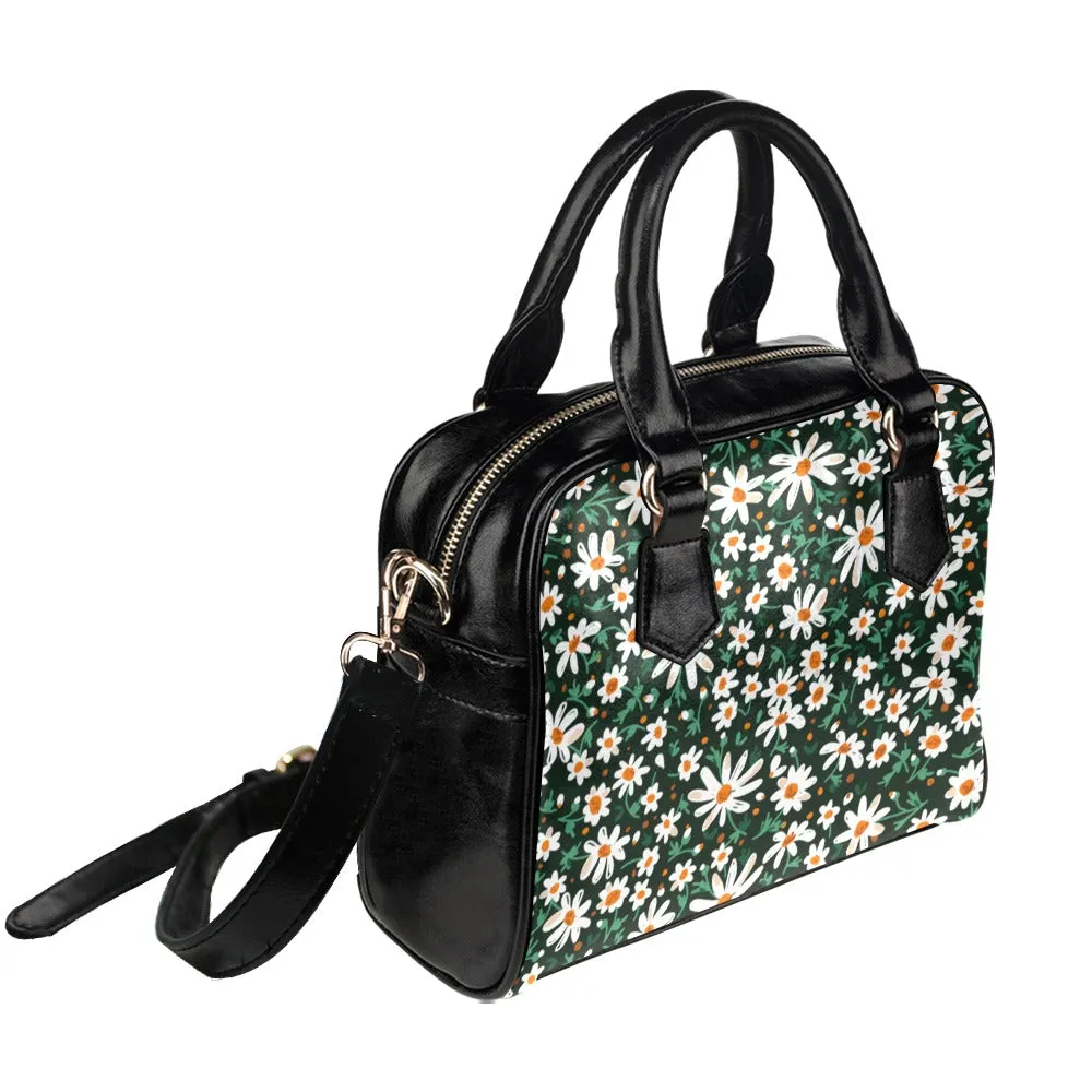 Daisy Flowers Purse, White Daisies Retro Floral Pattern Cute Small Shoulder Zip Bag Vegan Leather Women Designer Handbag Crossbody Ladies