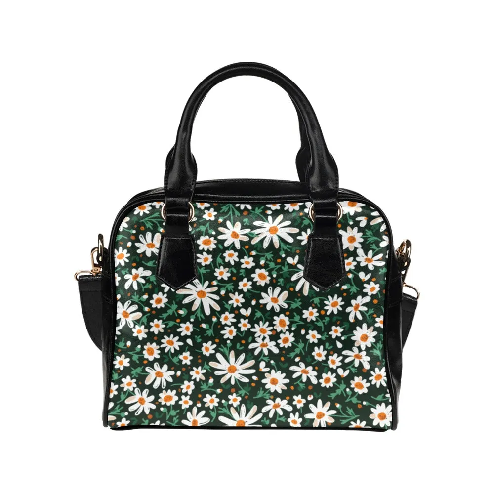 Daisy Flowers Purse, White Daisies Retro Floral Pattern Cute Small Shoulder Zip Bag Vegan Leather Women Designer Handbag Crossbody Ladies