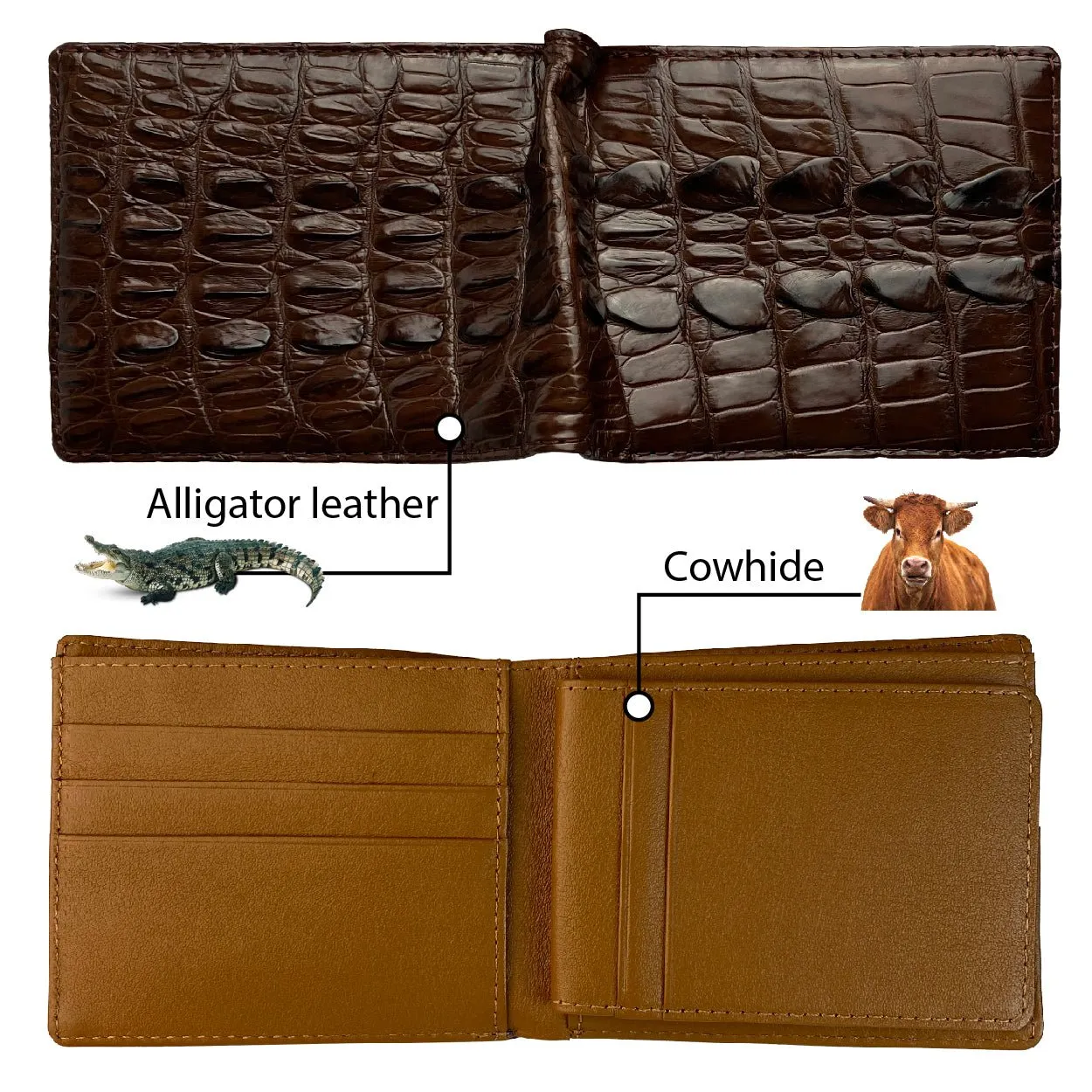 Dark Brown Alligator Tail Leather Bifold Wallet RFID Blocking | VINAM-101