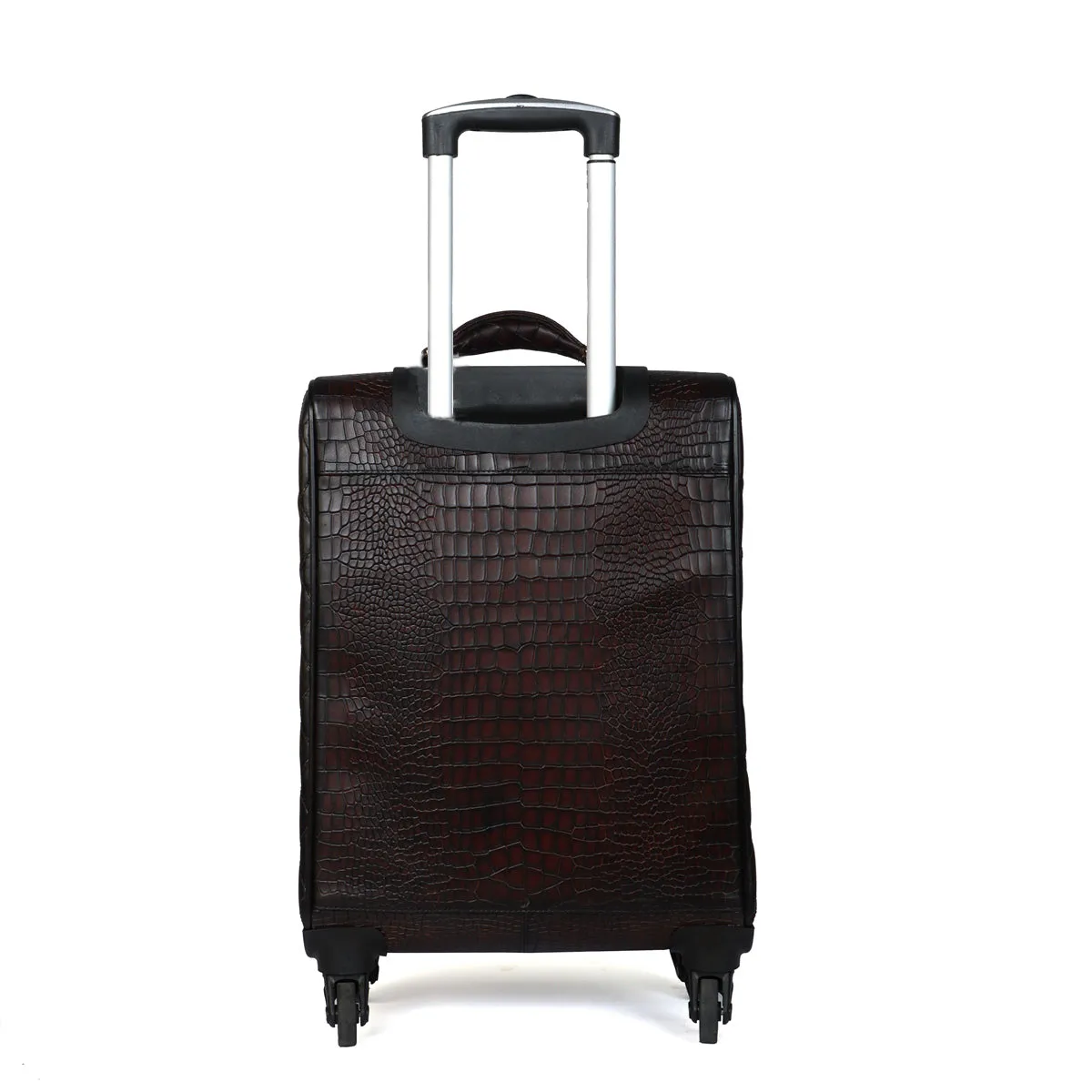 Dark Brown Croco Print With Diamond Stitched Quad Wheel Cabin Luggage Strolley Leather Bag by Brune & Bareskin