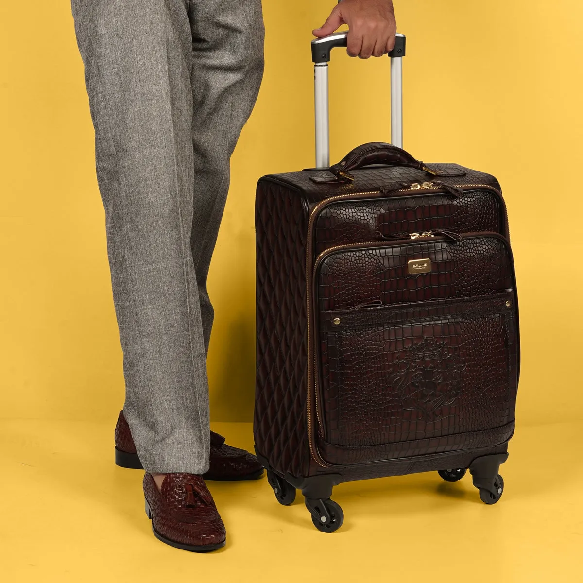 Dark Brown Croco Print With Diamond Stitched Quad Wheel Cabin Luggage Strolley Leather Bag by Brune & Bareskin