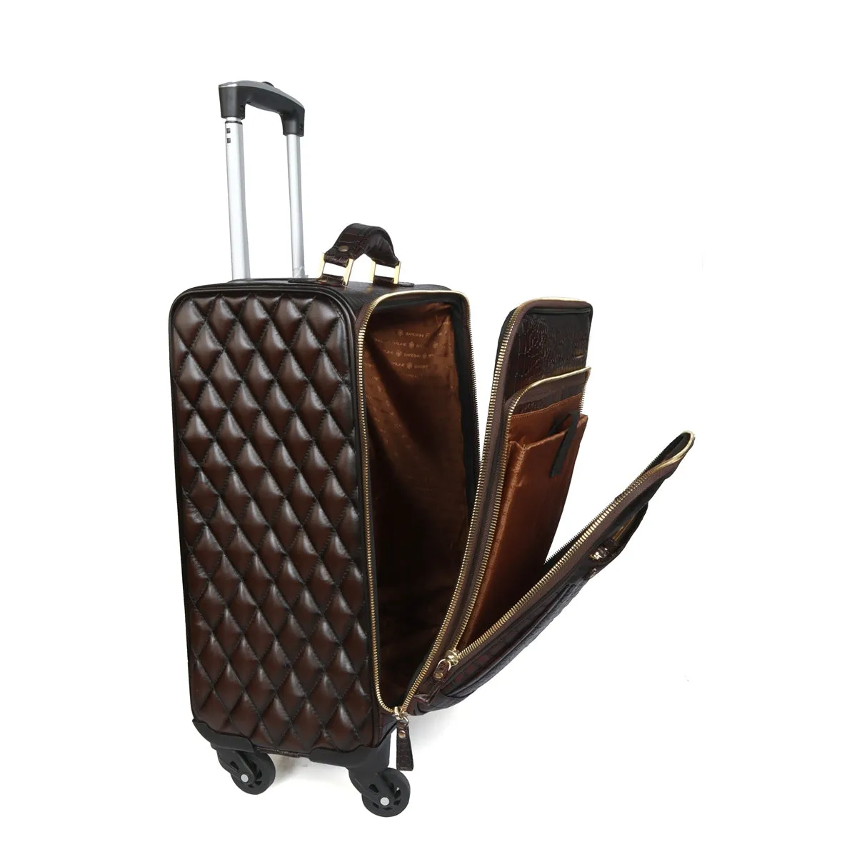 Dark Brown Croco Print With Diamond Stitched Quad Wheel Cabin Luggage Strolley Leather Bag by Brune & Bareskin