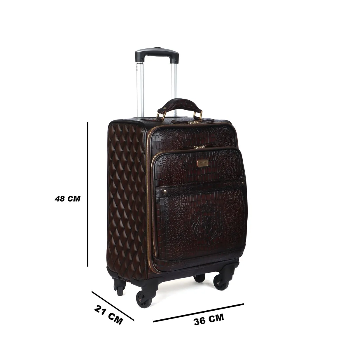 Dark Brown Croco Print With Diamond Stitched Quad Wheel Cabin Luggage Strolley Leather Bag by Brune & Bareskin