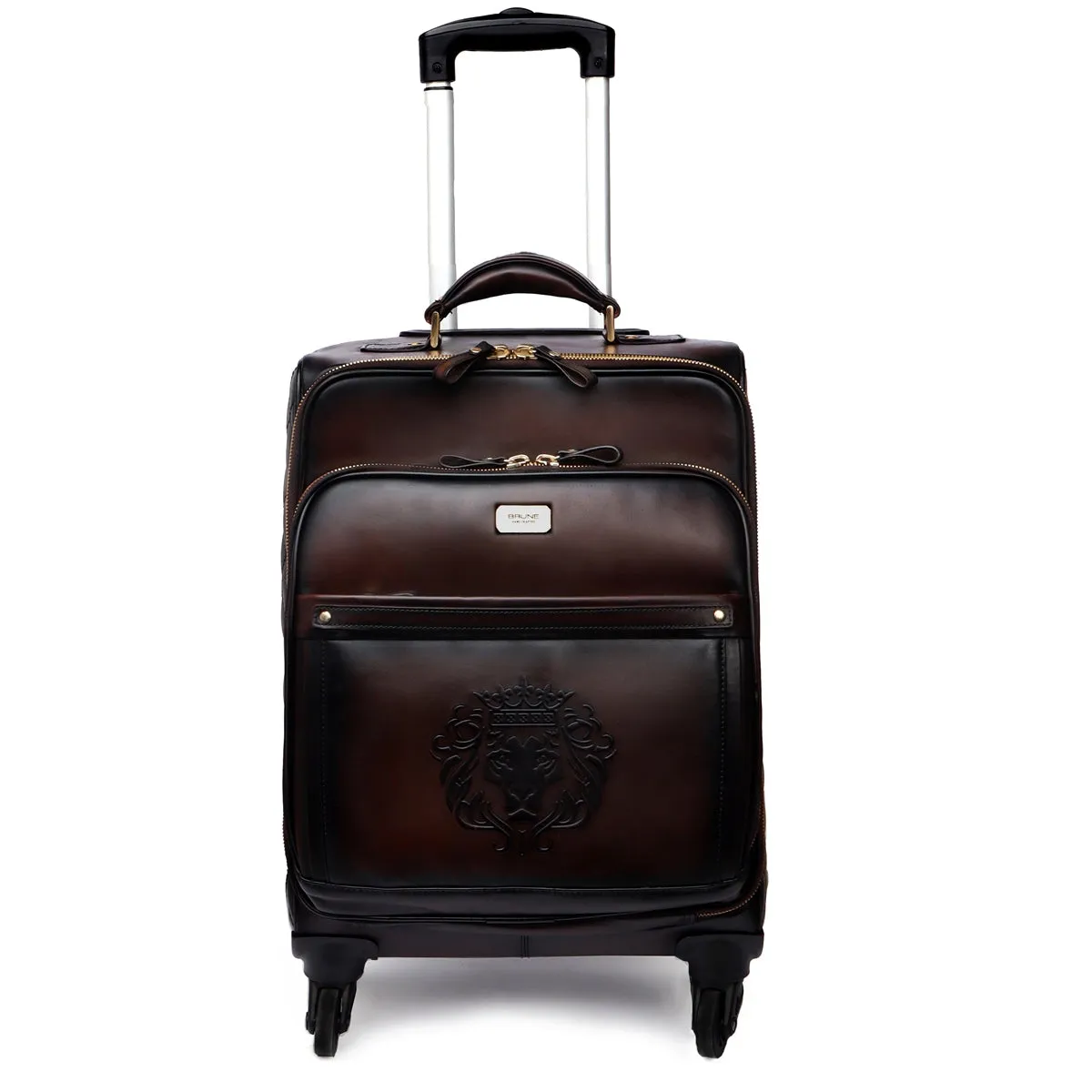 Dark Brown Leather Diamond Stitched Quad Wheel Trolley Bag With Embossed Lion Logo by Brune & Bareskin