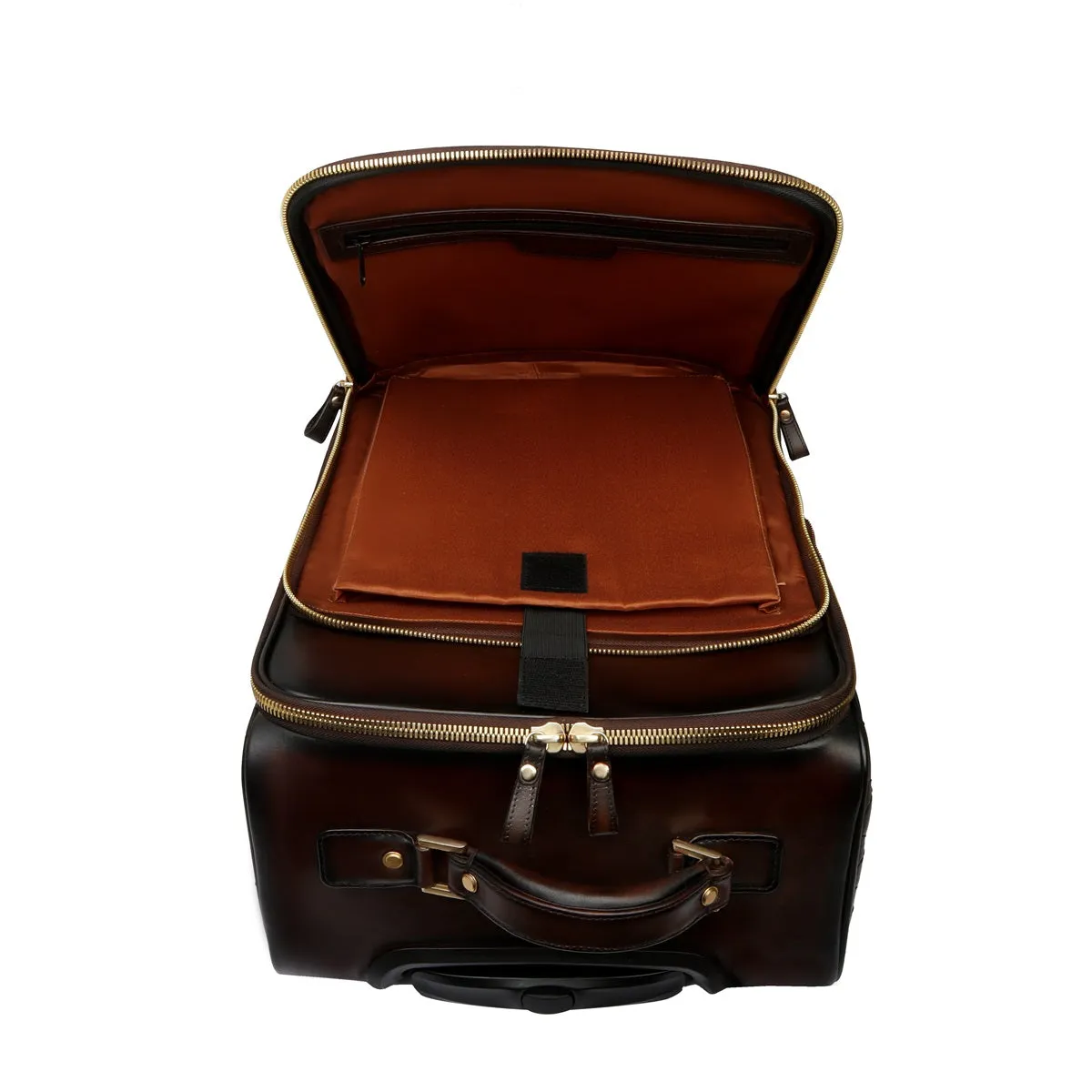 Dark Brown Leather Diamond Stitched Quad Wheel Trolley Bag With Embossed Lion Logo by Brune & Bareskin