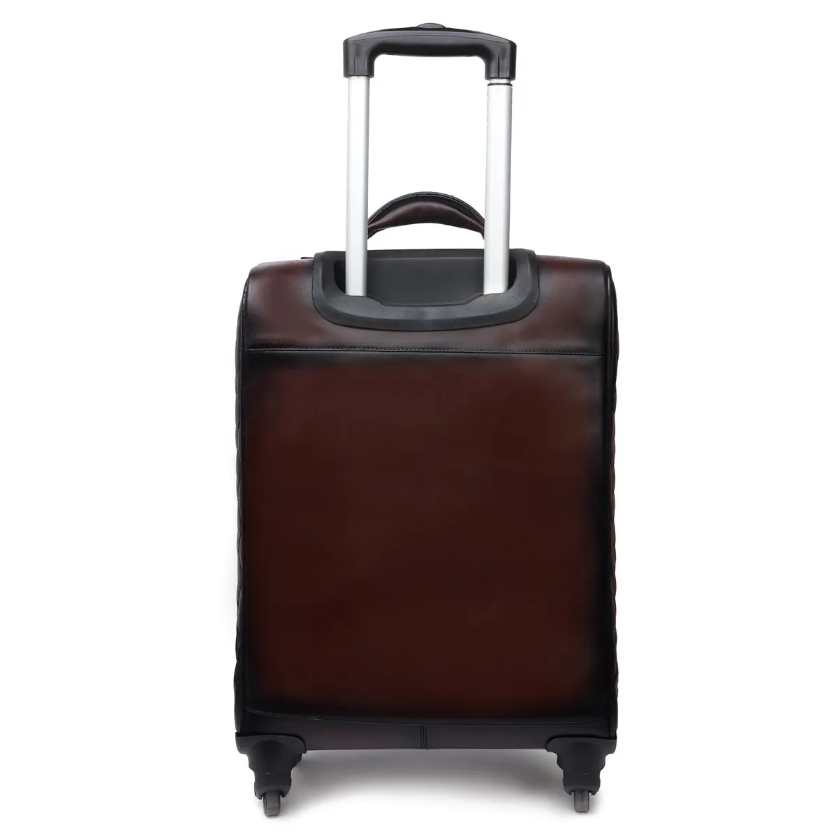 Dark Brown Leather Diamond Stitched Quad Wheel Trolley Bag With Embossed Lion Logo by Brune & Bareskin