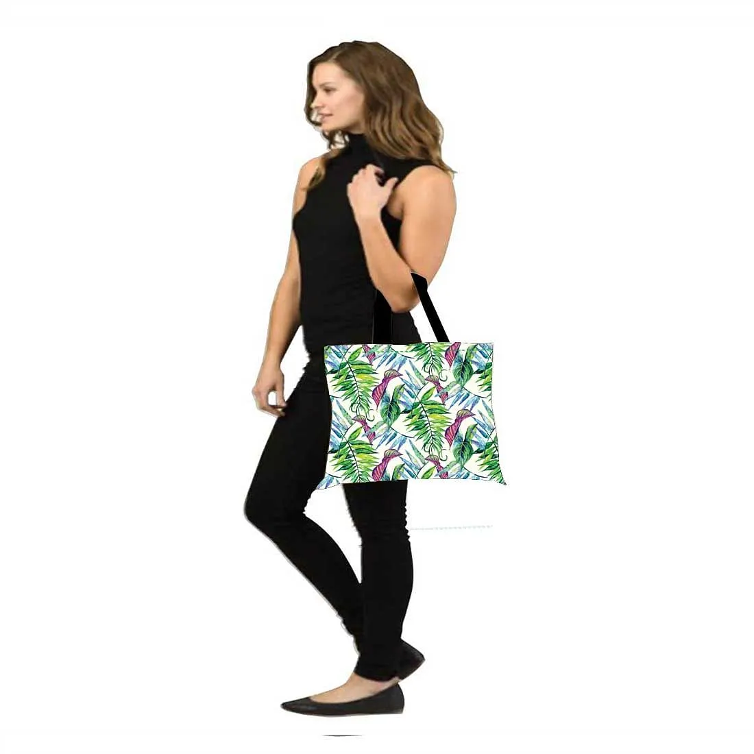 Designer Tote Bag With Zip Beach Gym Travel Bags -  Green and Purple Leaf