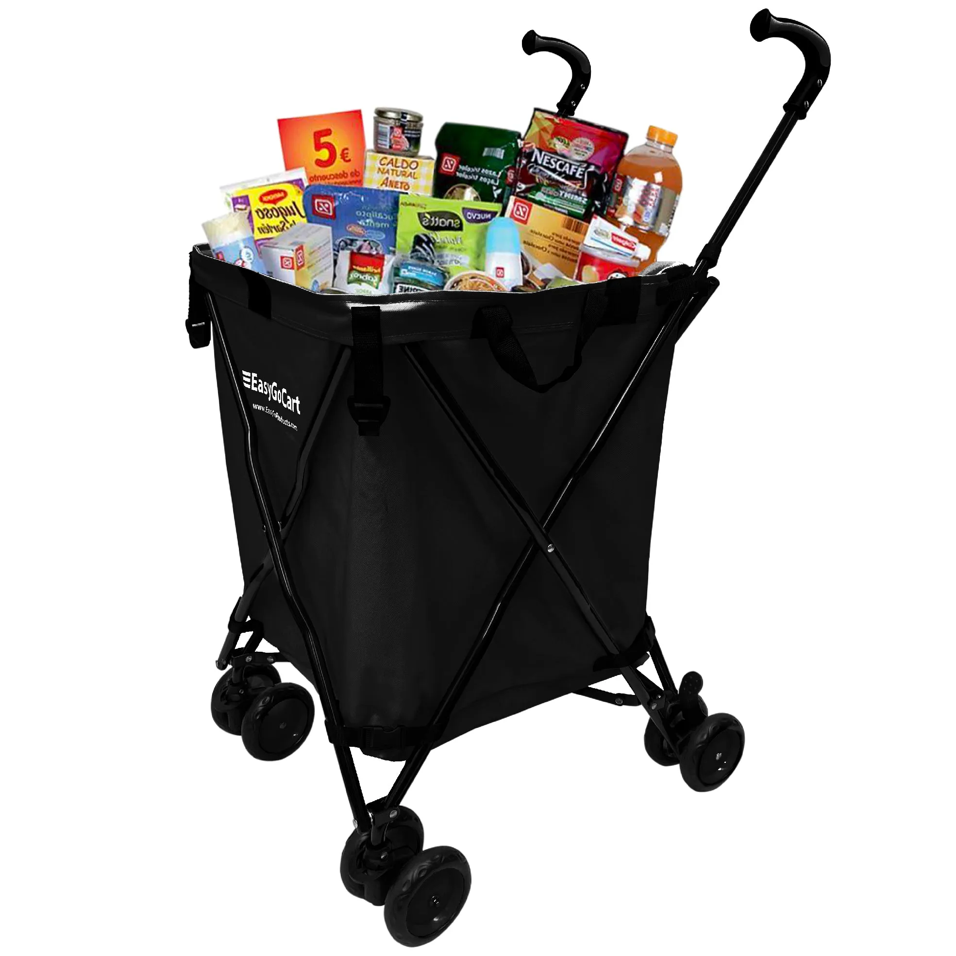 EasyGo Cart Folding Grocery Shopping and Laundry Utility Cart – Removable Water-Resistant Canvas Bag - Front Locking Swivel Wheels – Rear Brakes - Easy Folding - 120lbs Capacity – Copyrighted – Black