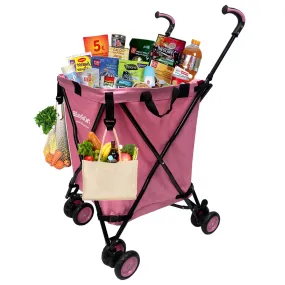 EasyGo Cart Folding Grocery Shopping and Laundry Utility Cart – Removable Water-Resistant Canvas Bag - Front Locking Swivel Wheels – Rear Brakes - Easy Folding - 120lbs Capacity – Copyrighted – Pink