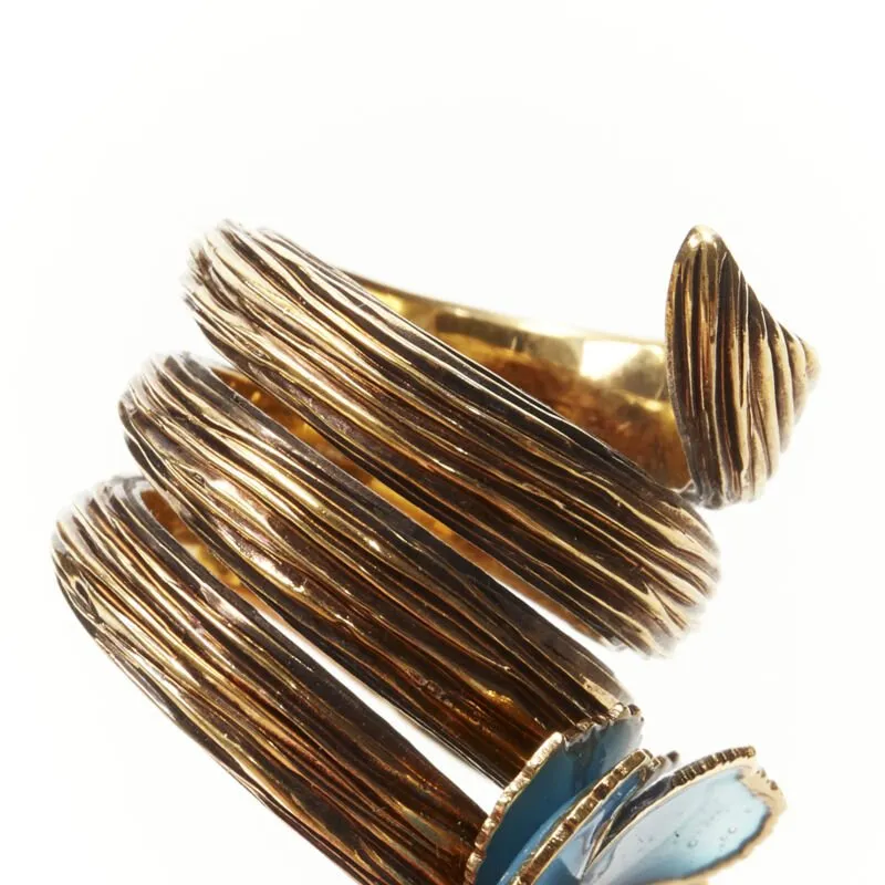 FENDI 8AG827 gold tone blue floral petal spiral statement ring US7 M