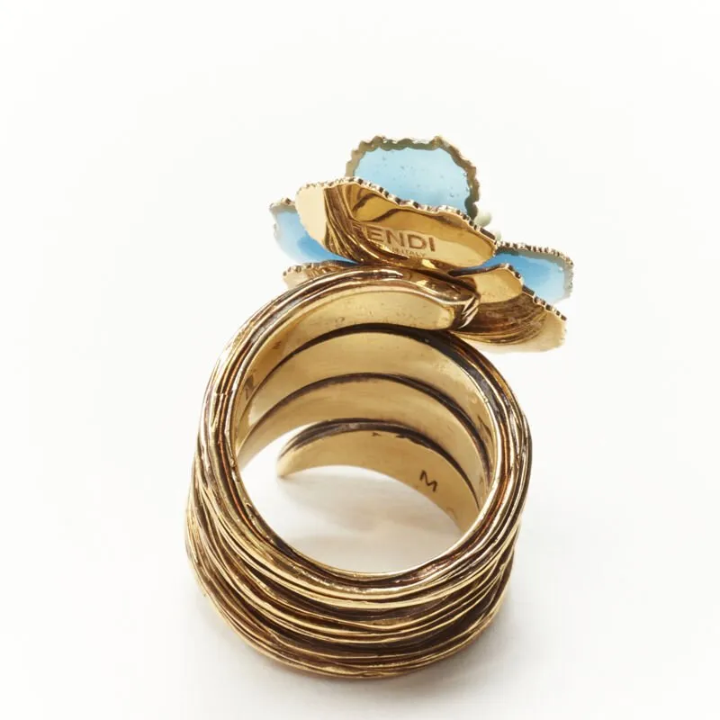 FENDI 8AG827 gold tone blue floral petal spiral statement ring US7 M