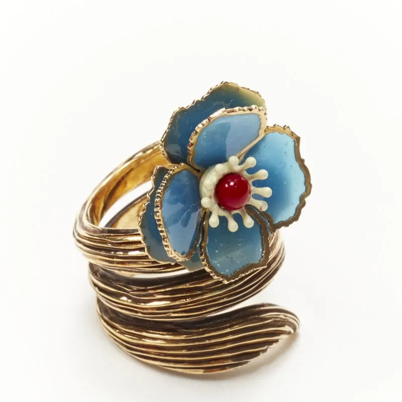 FENDI 8AG827 gold tone blue floral petal spiral statement ring US7 M