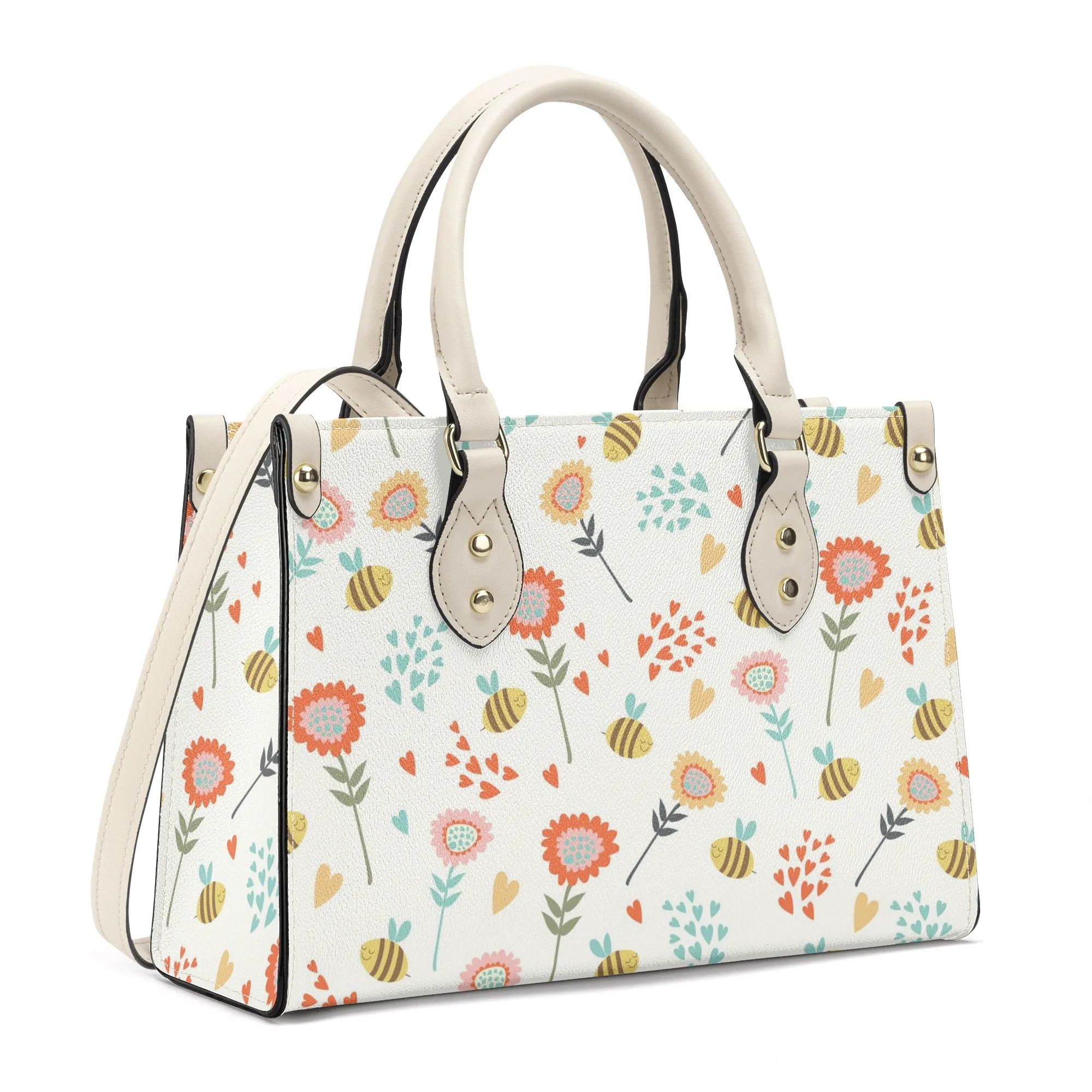 Floral Bee Shoulder Purse, Flowers White Vegan Leather Top Handle Handbag Print Small Bag Women Ladies Designer Spring