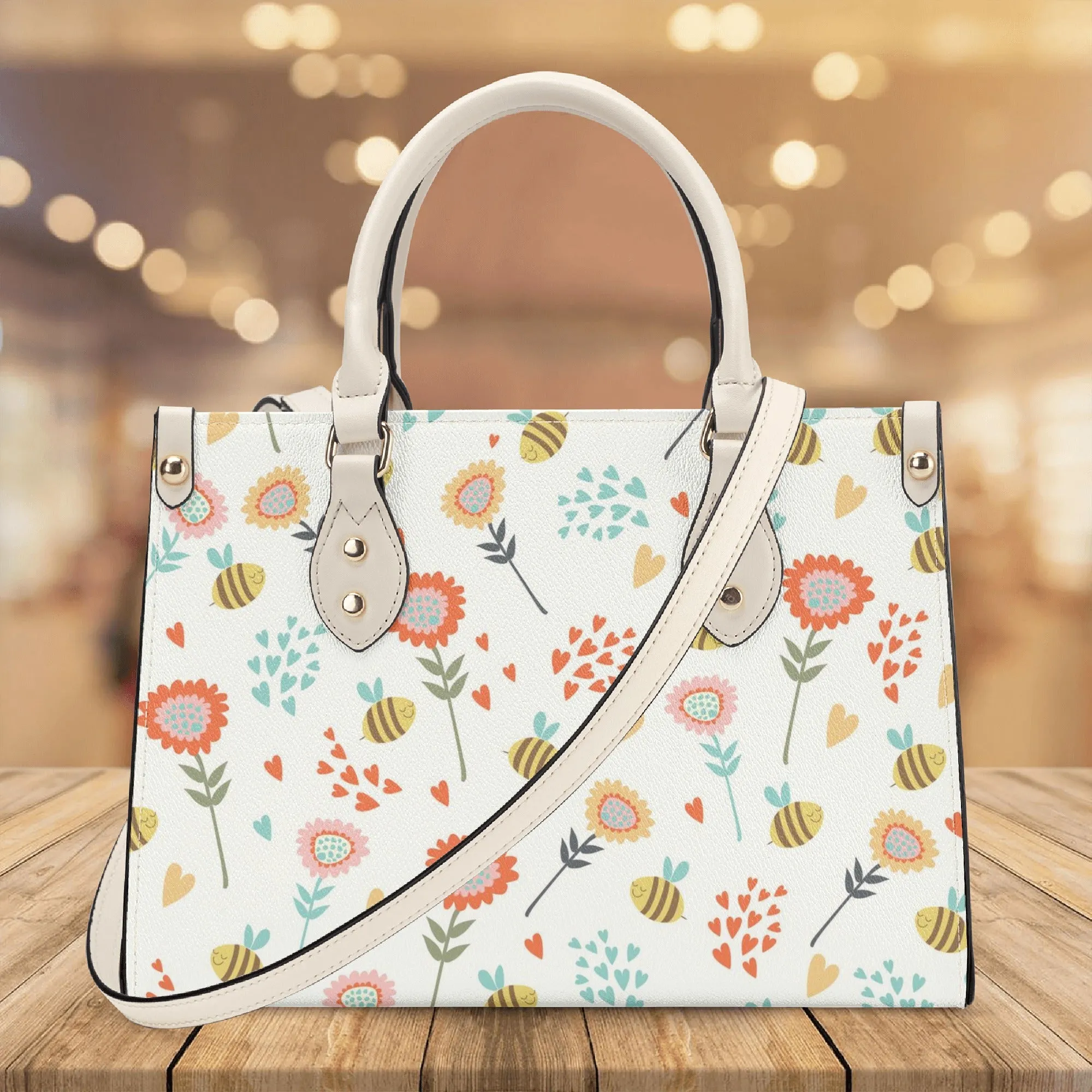 Floral Bee Shoulder Purse, Flowers White Vegan Leather Top Handle Handbag Print Small Bag Women Ladies Designer Spring