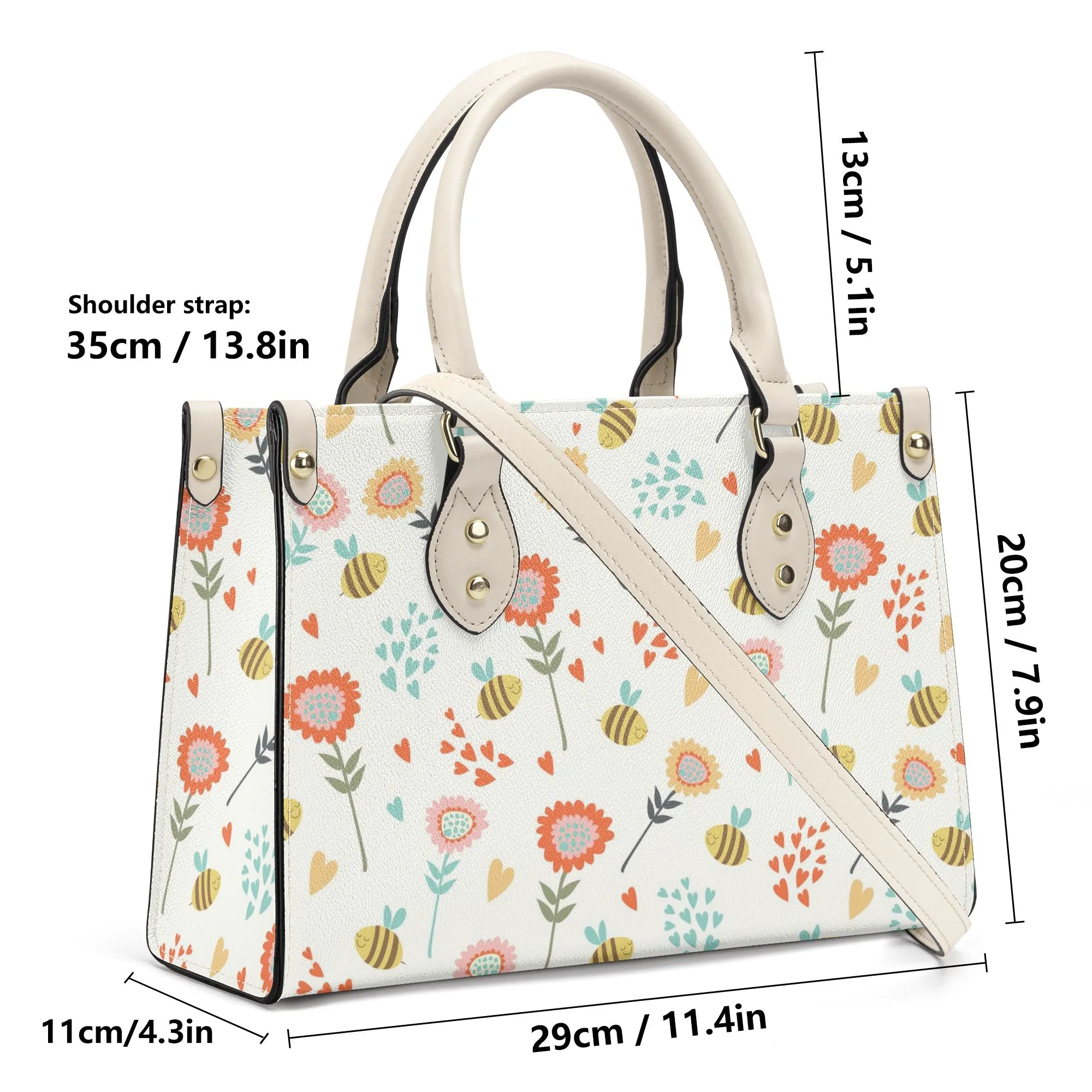 Floral Bee Shoulder Purse, Flowers White Vegan Leather Top Handle Handbag Print Small Bag Women Ladies Designer Spring